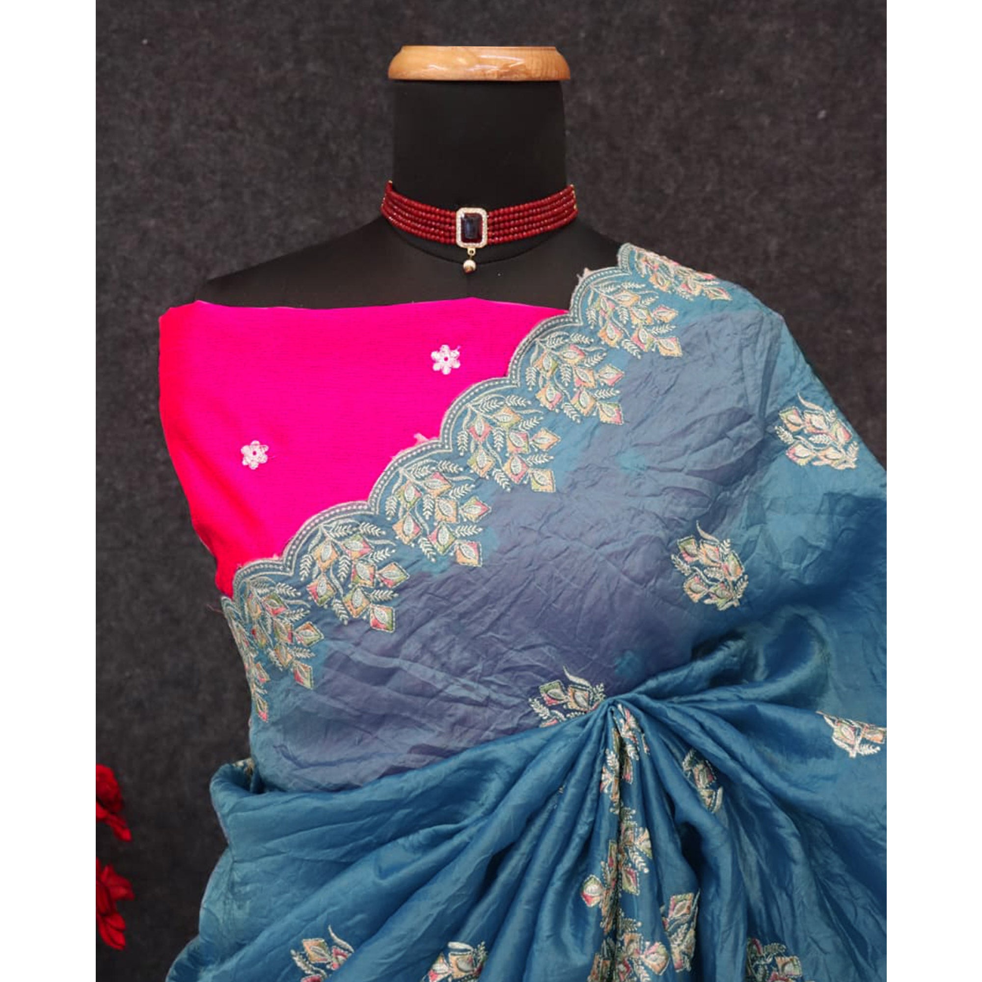 Classic Blue Silk Blend Crush Saree Beautifully Embellished With Floral Thread Embroidery