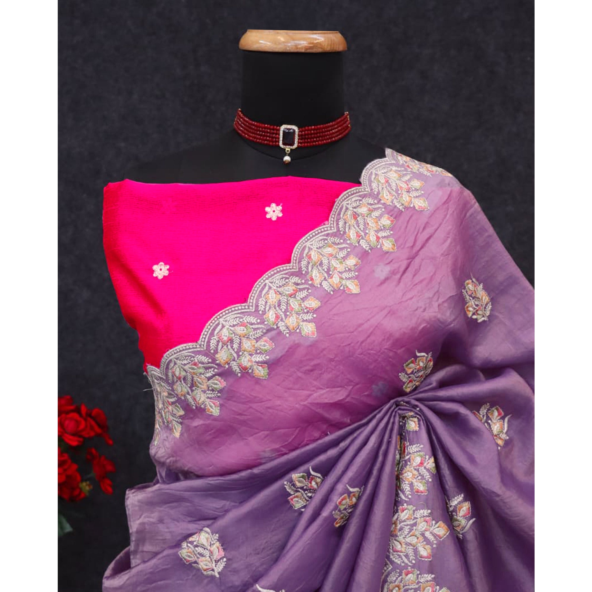 Classic Lavender Silk Blend Crush Saree Beautifully Embellished With Floral Thread Embroidery
