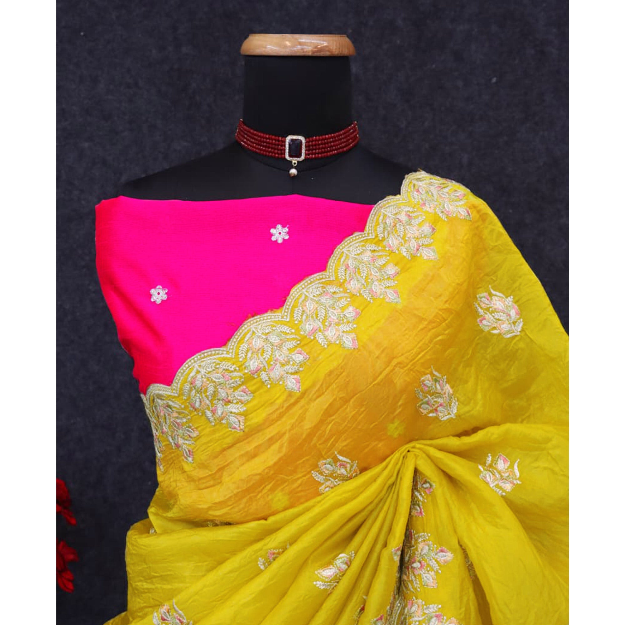 Classic Mustard Silk Blend Crush Saree Beautifully Embellished With Floral Thread Embroidery