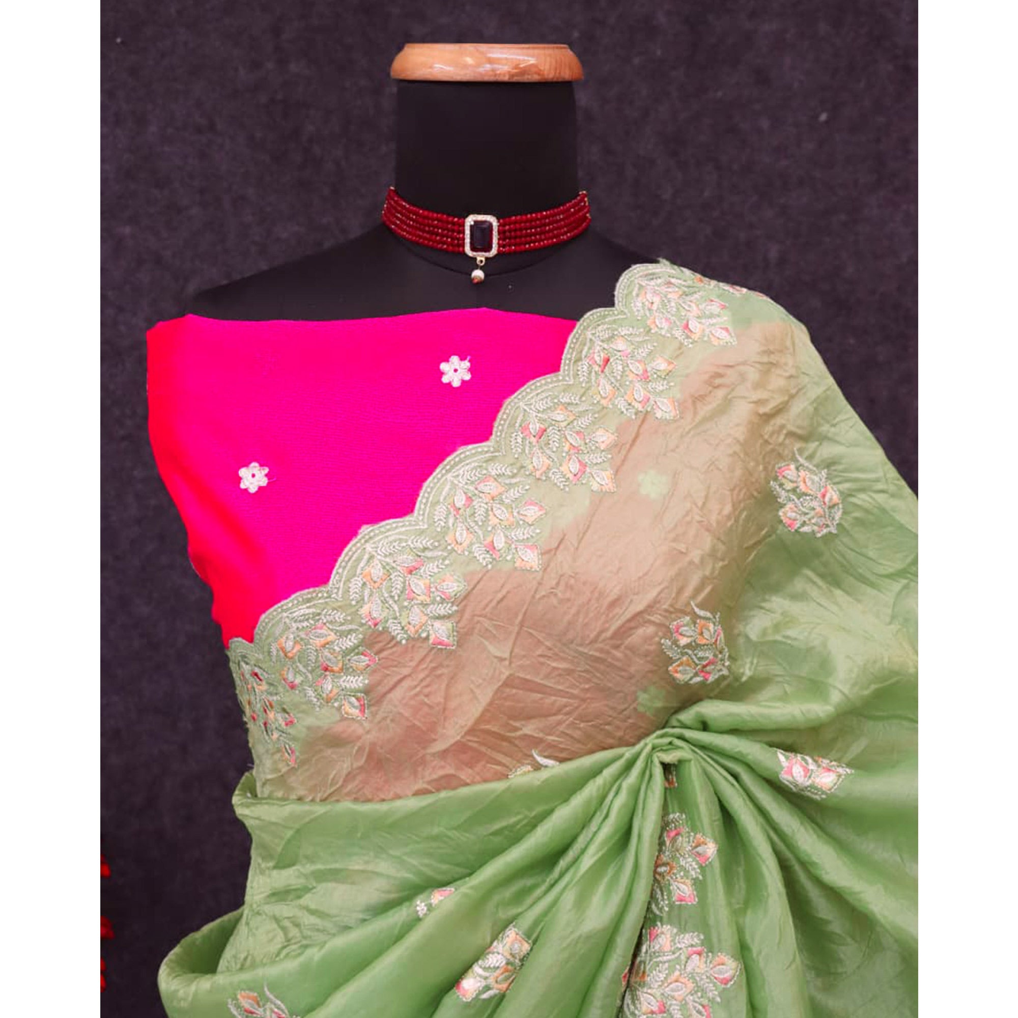 Classic Parrot Green Silk Blend Crush Saree Beautifully Embellished With Floral Thread Embroidery
