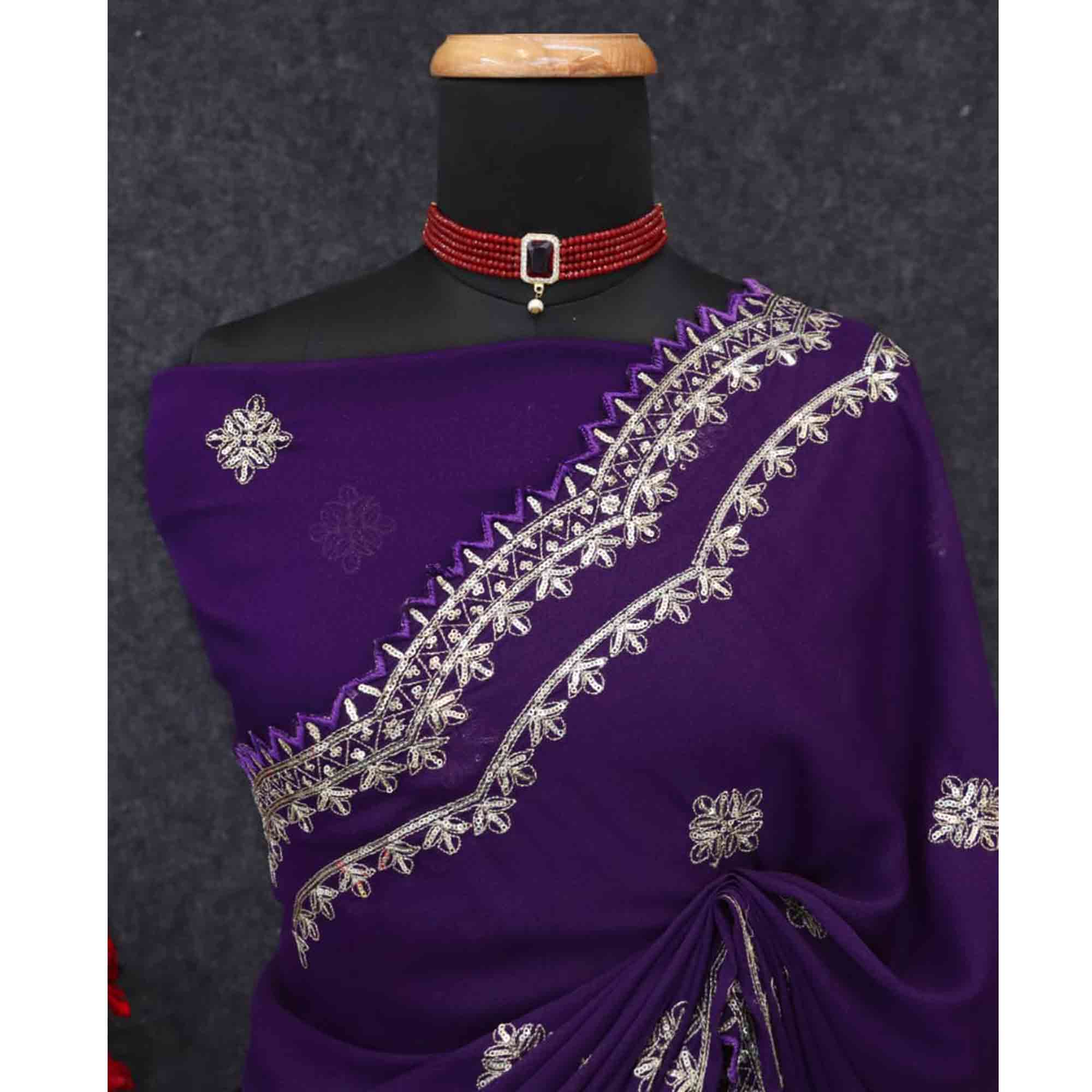 Radiant Purple Thread Work Georgette Silk Saree Beautifully Enhanced With Sequins Embellishment