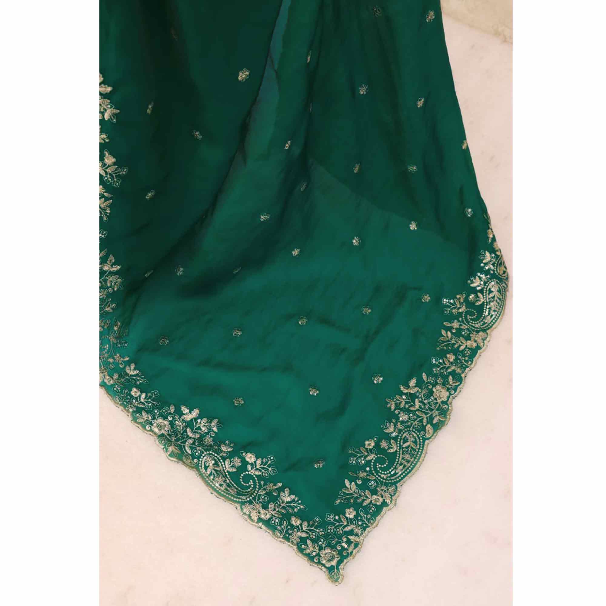 Green Partywear Organza Satin Silk Crush Saree with Delicate Floral Embroidery