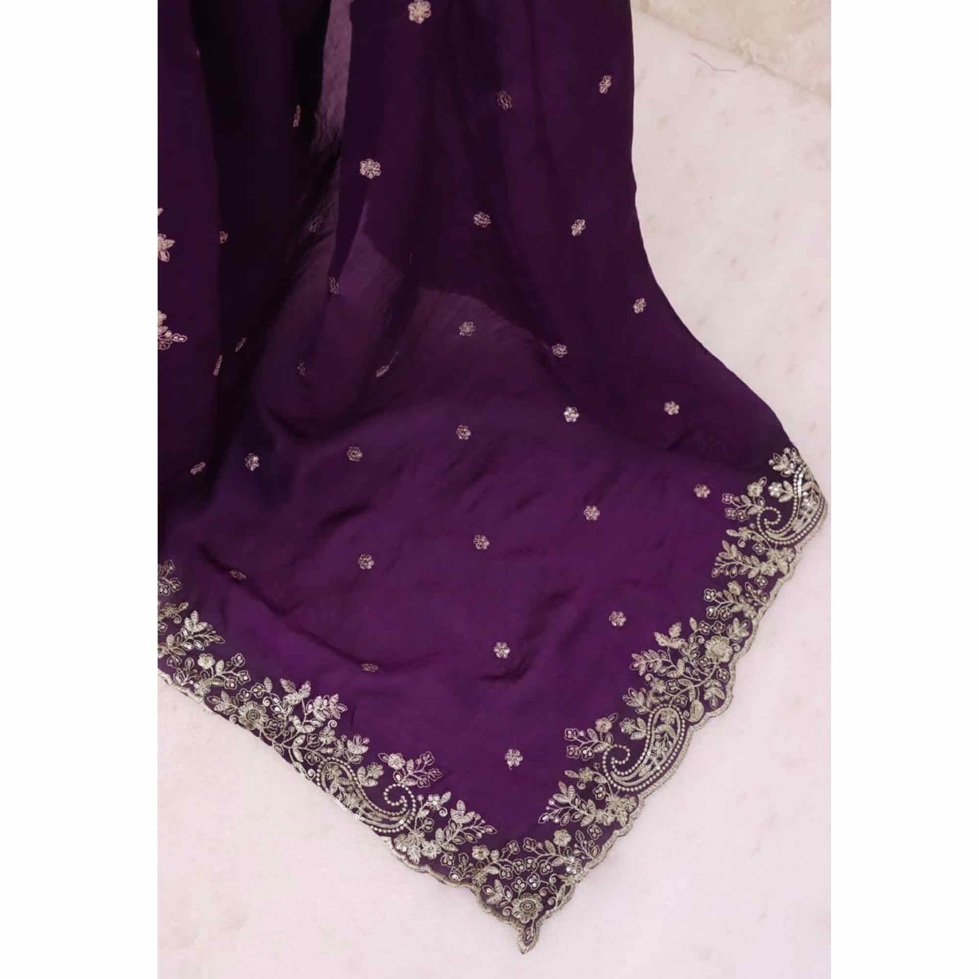 Purple Partywear Organza Satin Silk Crush Saree with Delicate Floral Embroidery