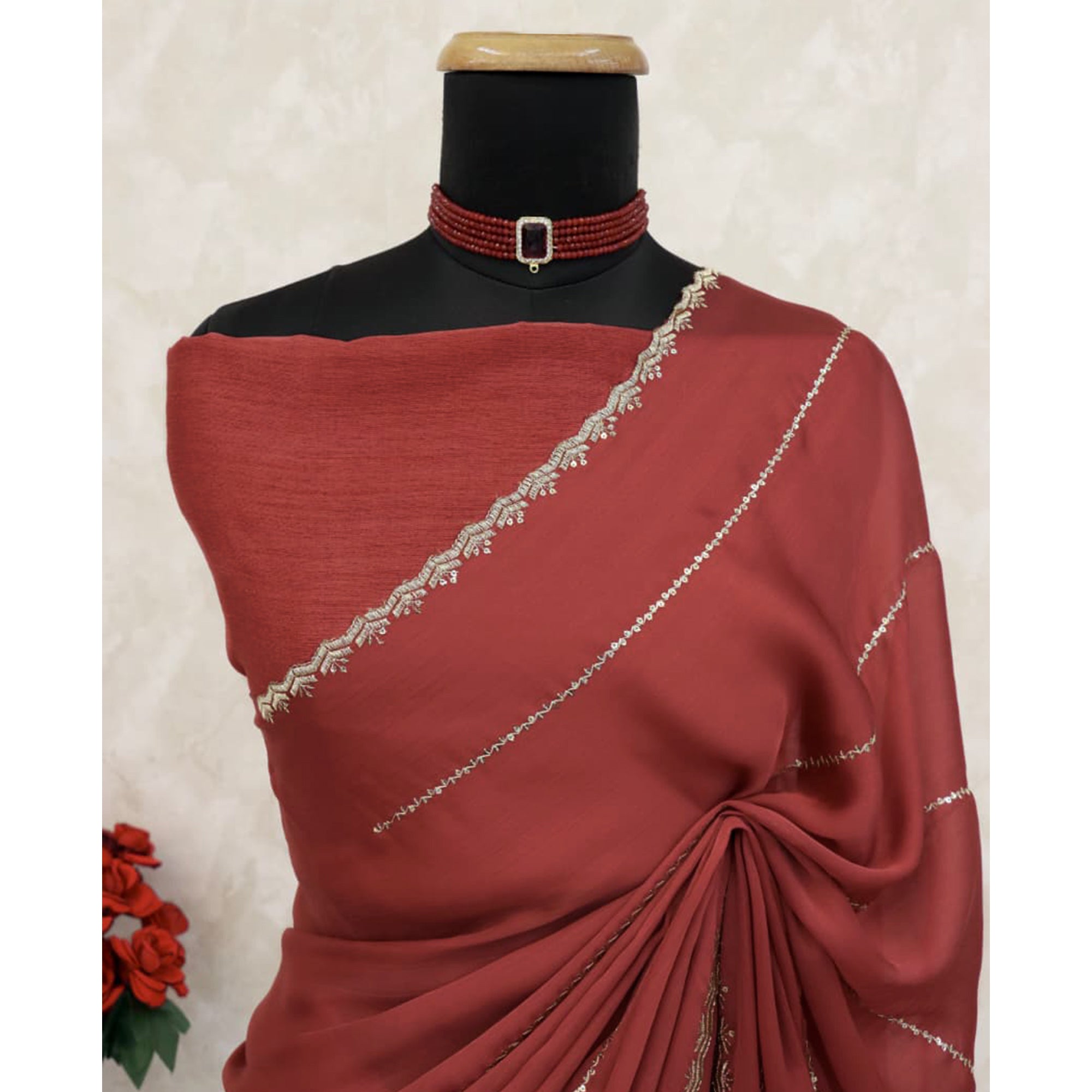 Brick Red Soft Satin Chiffon Saree Adorned with Intricate Sequins Detailing