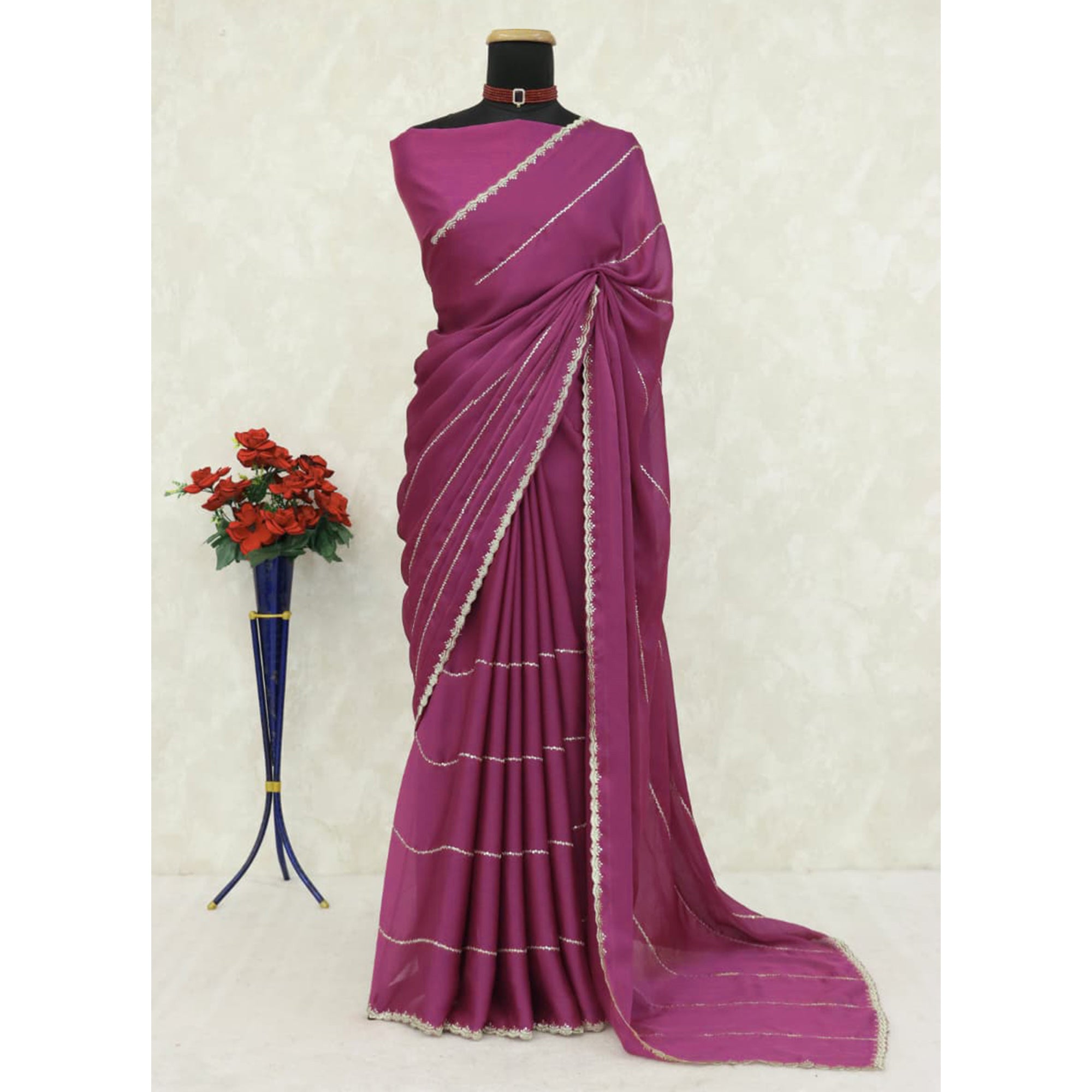 Mauve Soft Satin Chiffon Saree Adorned with Intricate Sequins Detailing