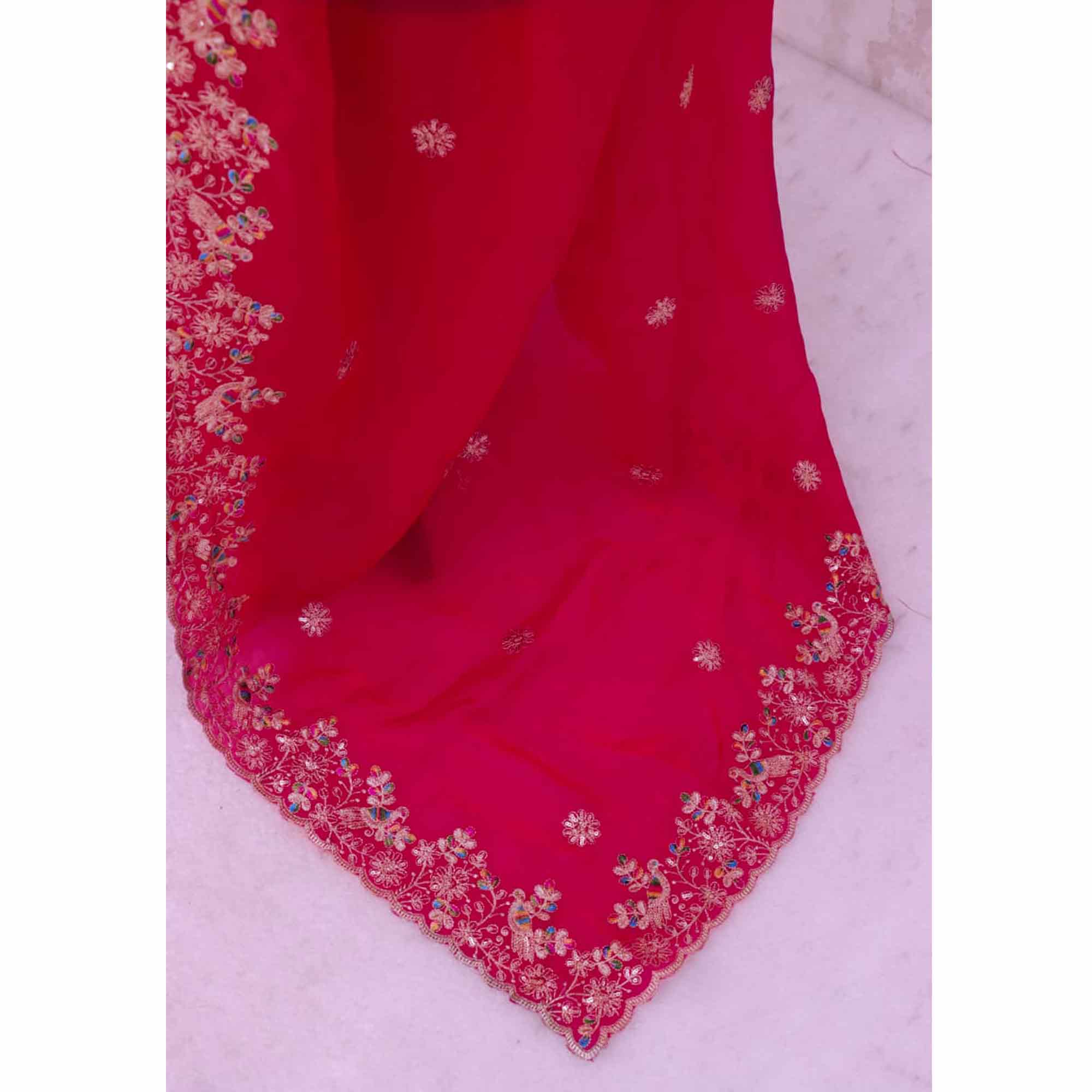 Pink Floral Embroidered Lightweight Organza Satin Silk Saree for Party and Festive Wear