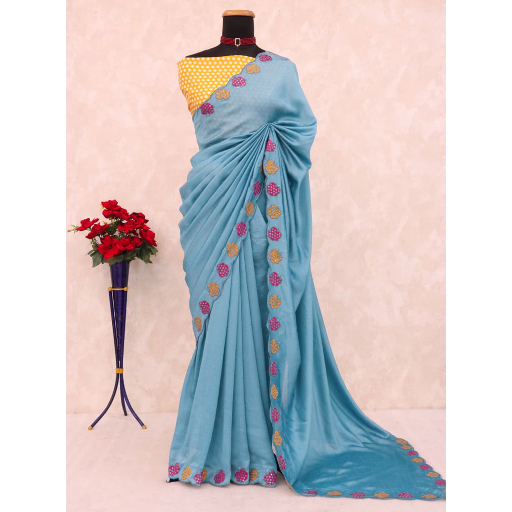 Teal Premium Vichitra Silk Saree Adorned with Intricate Embroidery Work