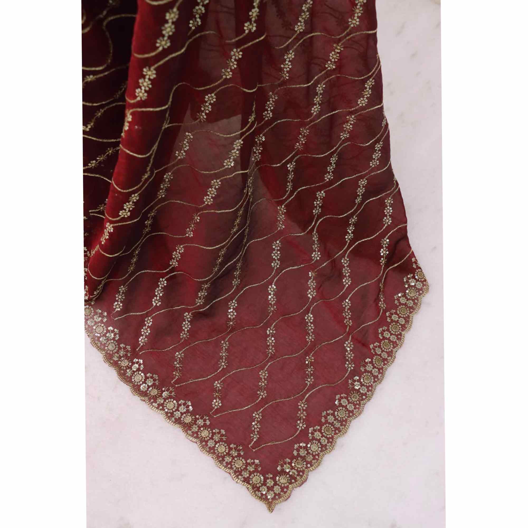 Maroon Partywear Organza Chiffon Silk Saree Highlighted with Fine Sequins Detailing