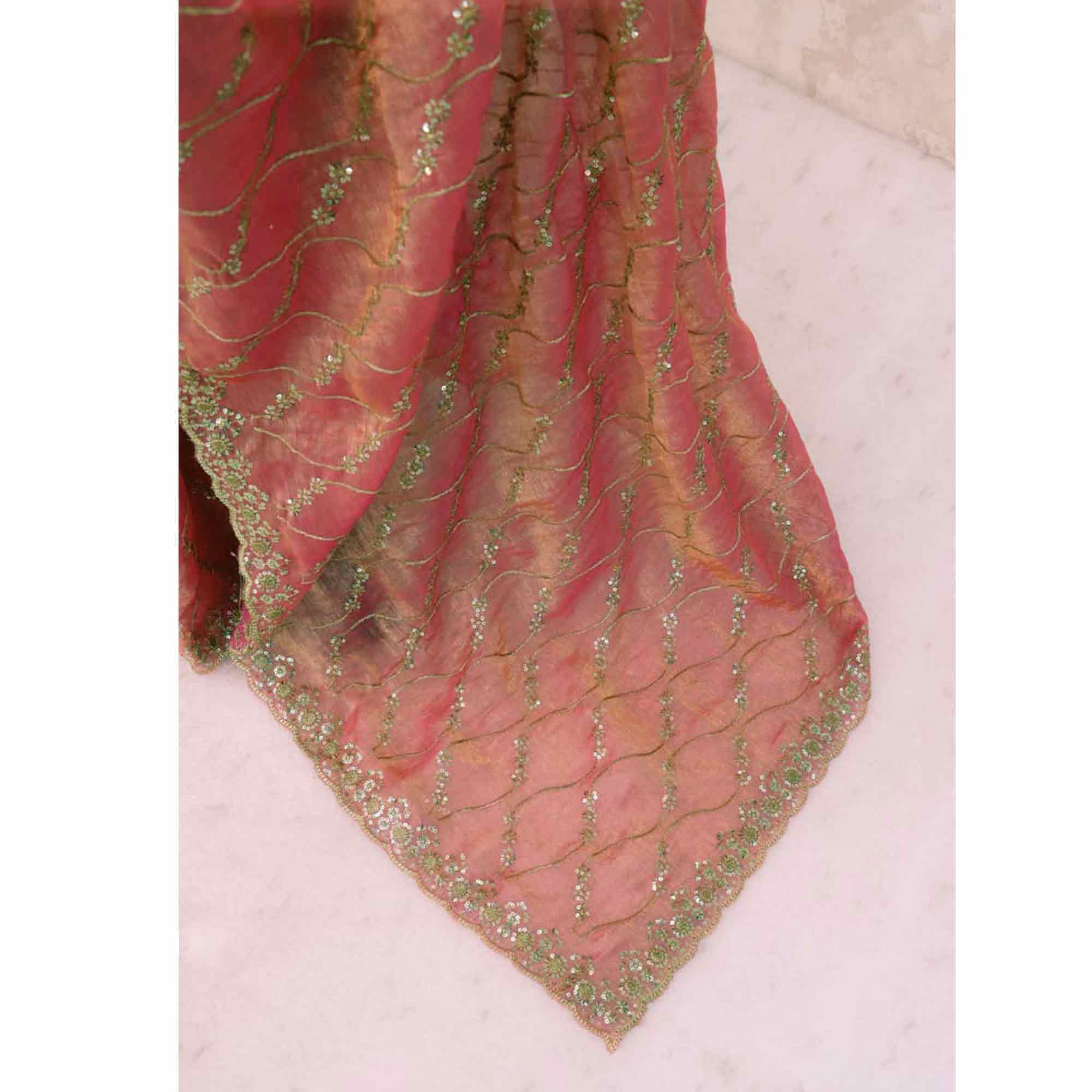 Peach Partywear Organza Chiffon Silk Saree Highlighted with Fine Sequins Detailing