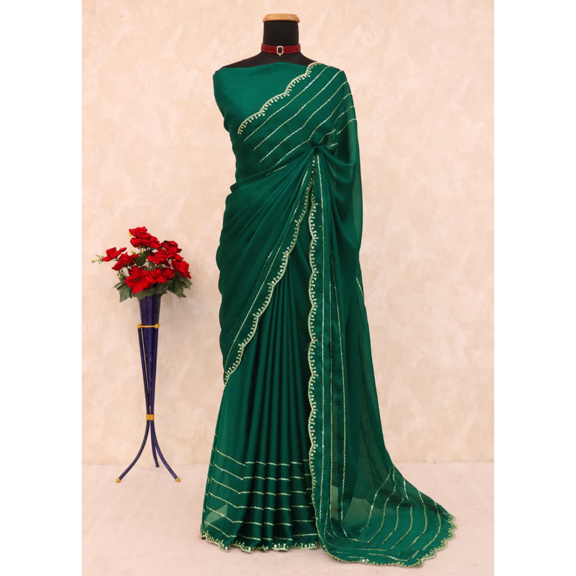 Green Soft Satin Chiffon Saree Embellished with Intricate Sequins Detailing