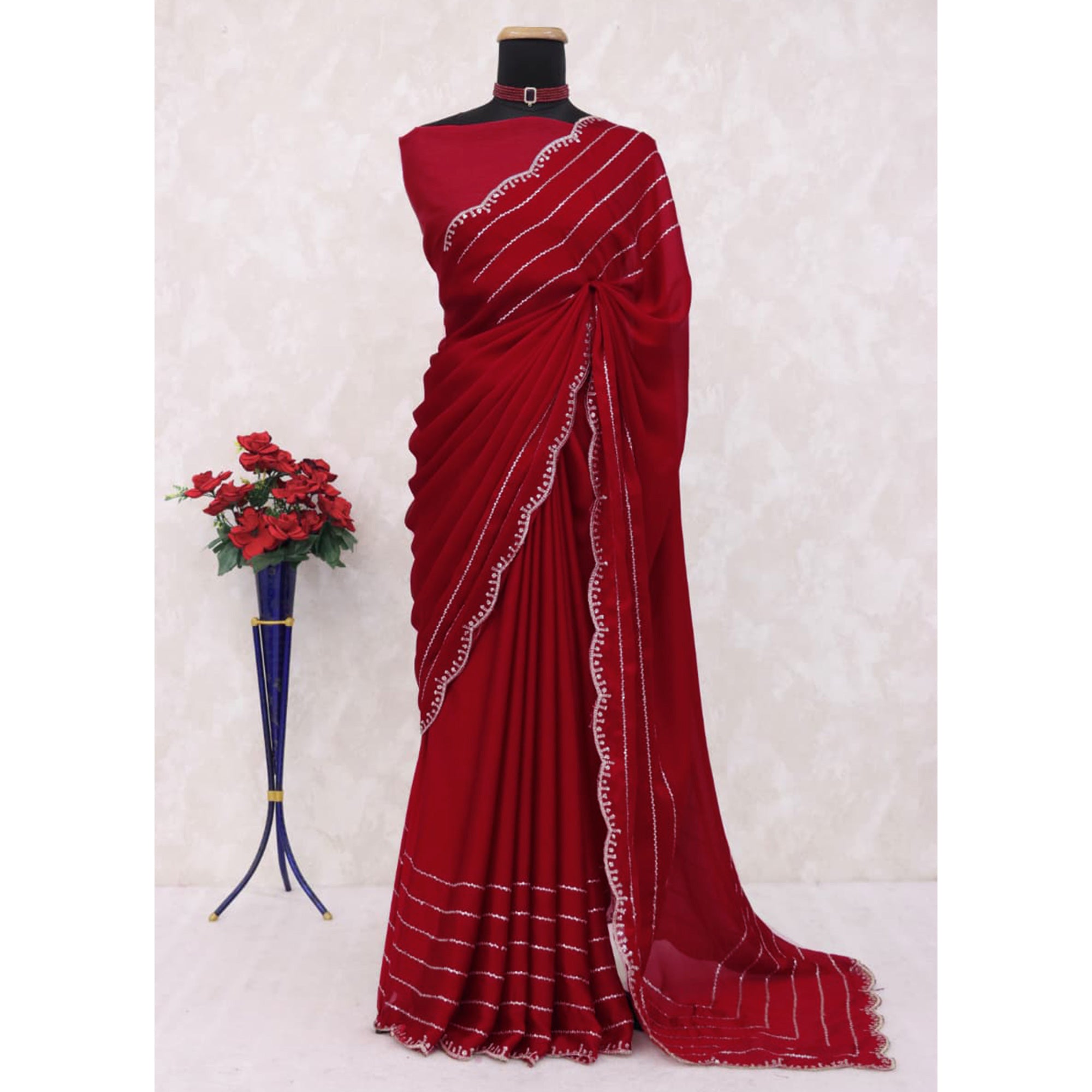 Maroon Soft Satin Chiffon Saree Embellished with Intricate Sequins Detailing