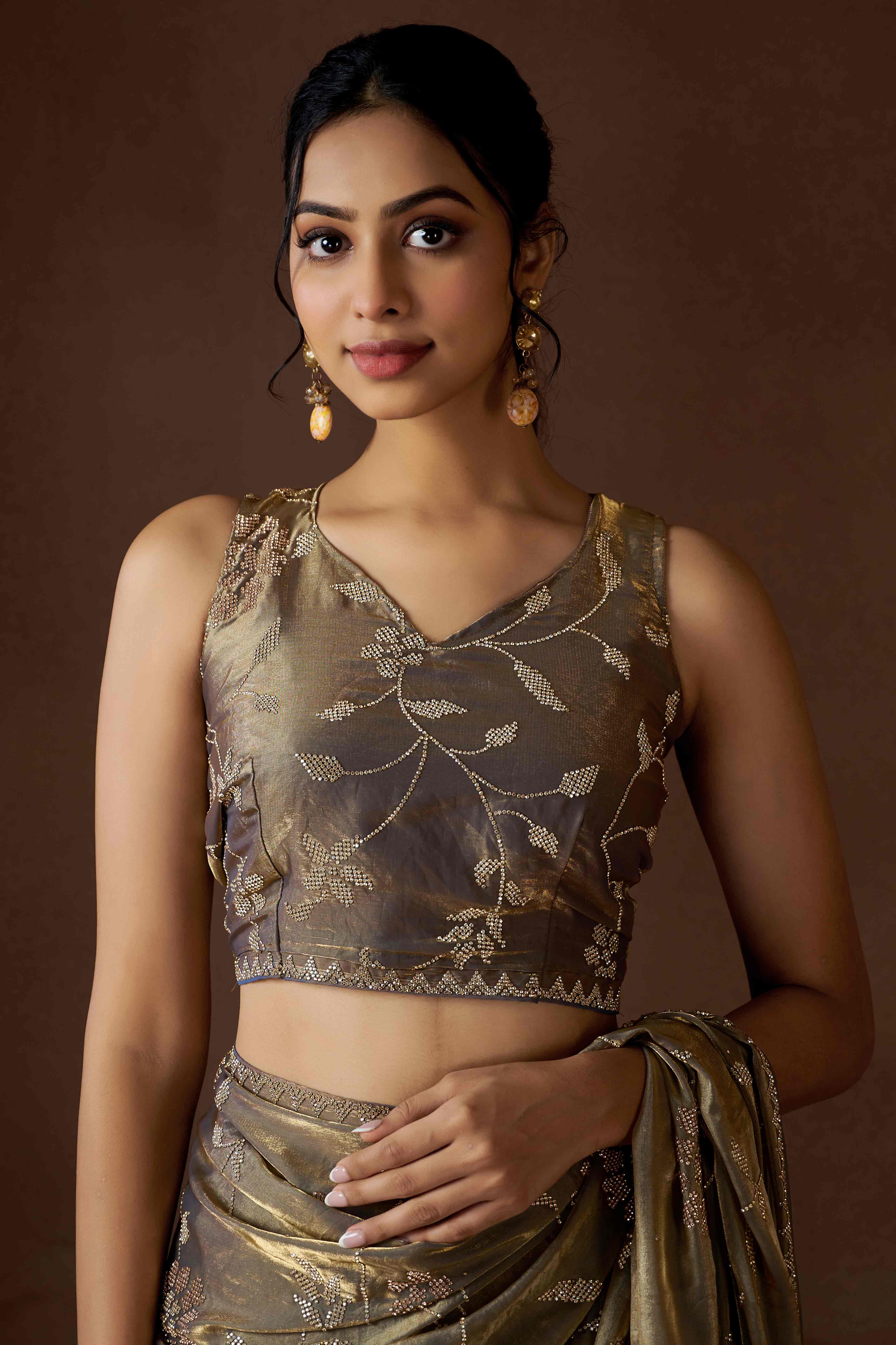Grey Satin Saree with Exquisite Stone Embellishments
