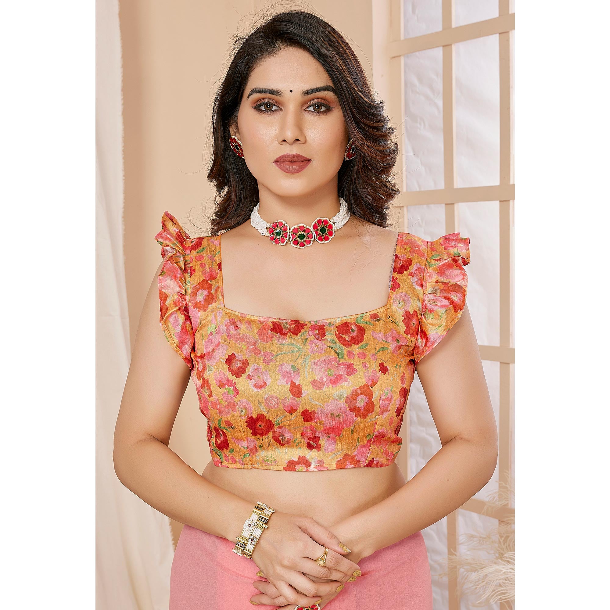 Yellow & Pink Ombre Printed Georgette Ruffle Saree