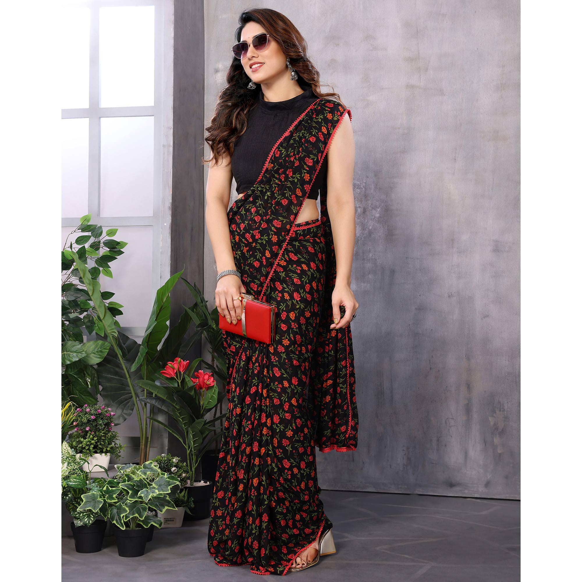 Black Floral Printed Georgette Ready To Wear Saree