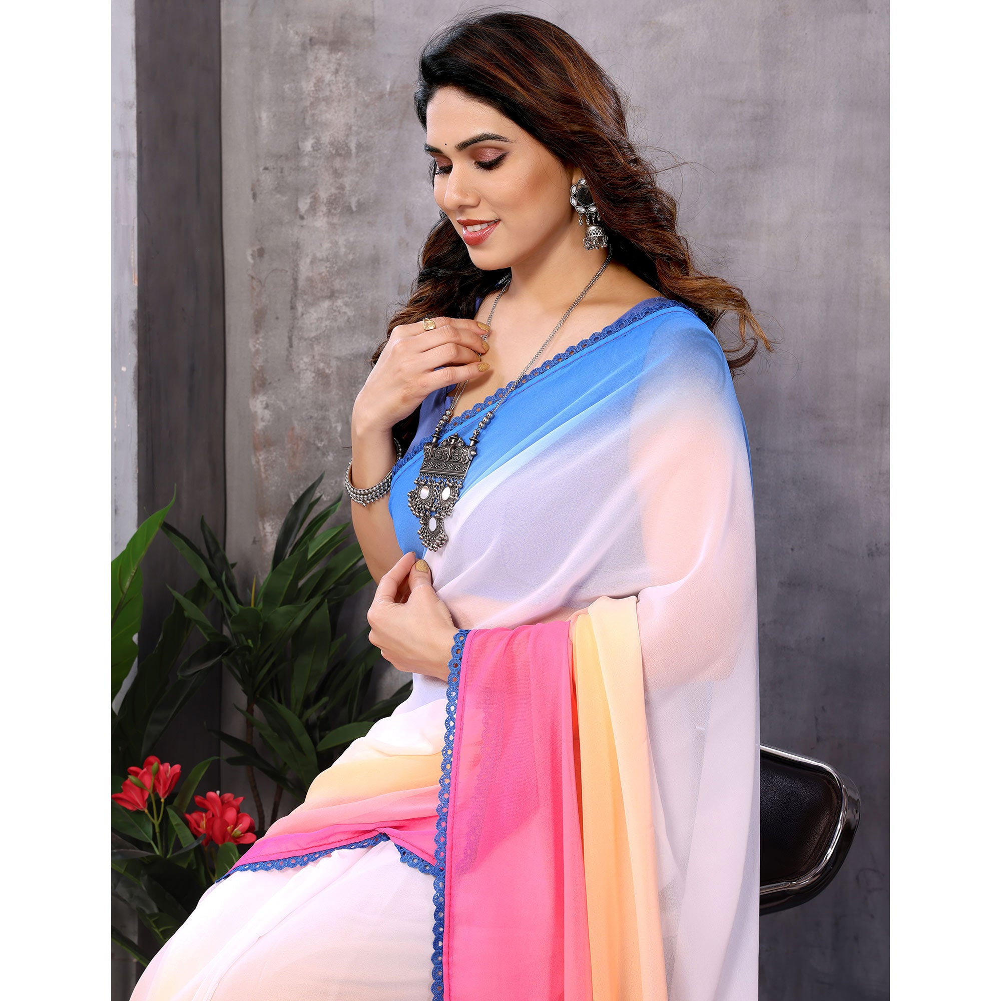 Multicolor Ombre Printed Georgette Ready To Wear Saree