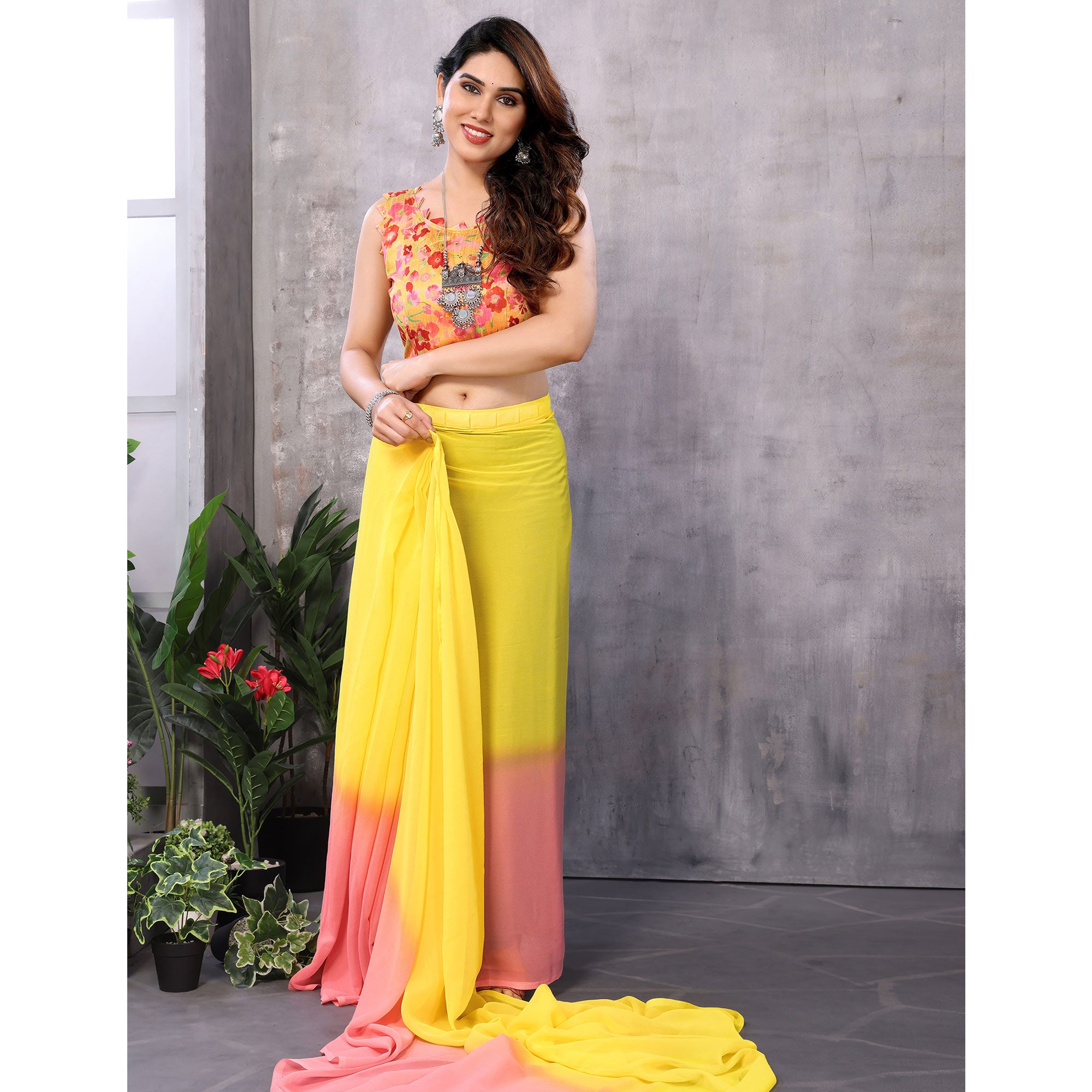Yellow & Pink Ombre Printed Georgette Ready To Wear Saree