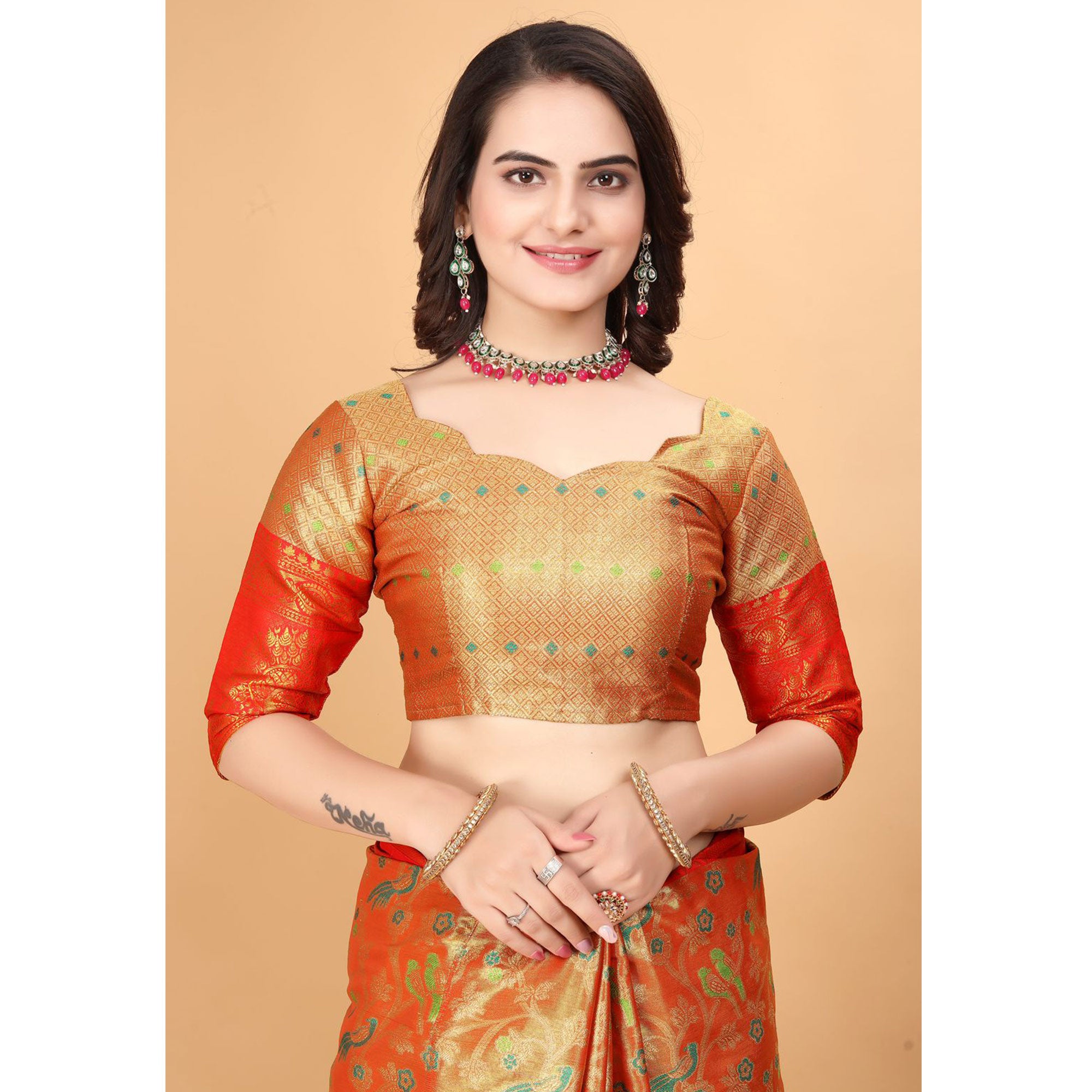 Orange & Red Floral Woven Tissue Silk Saree With Tassels