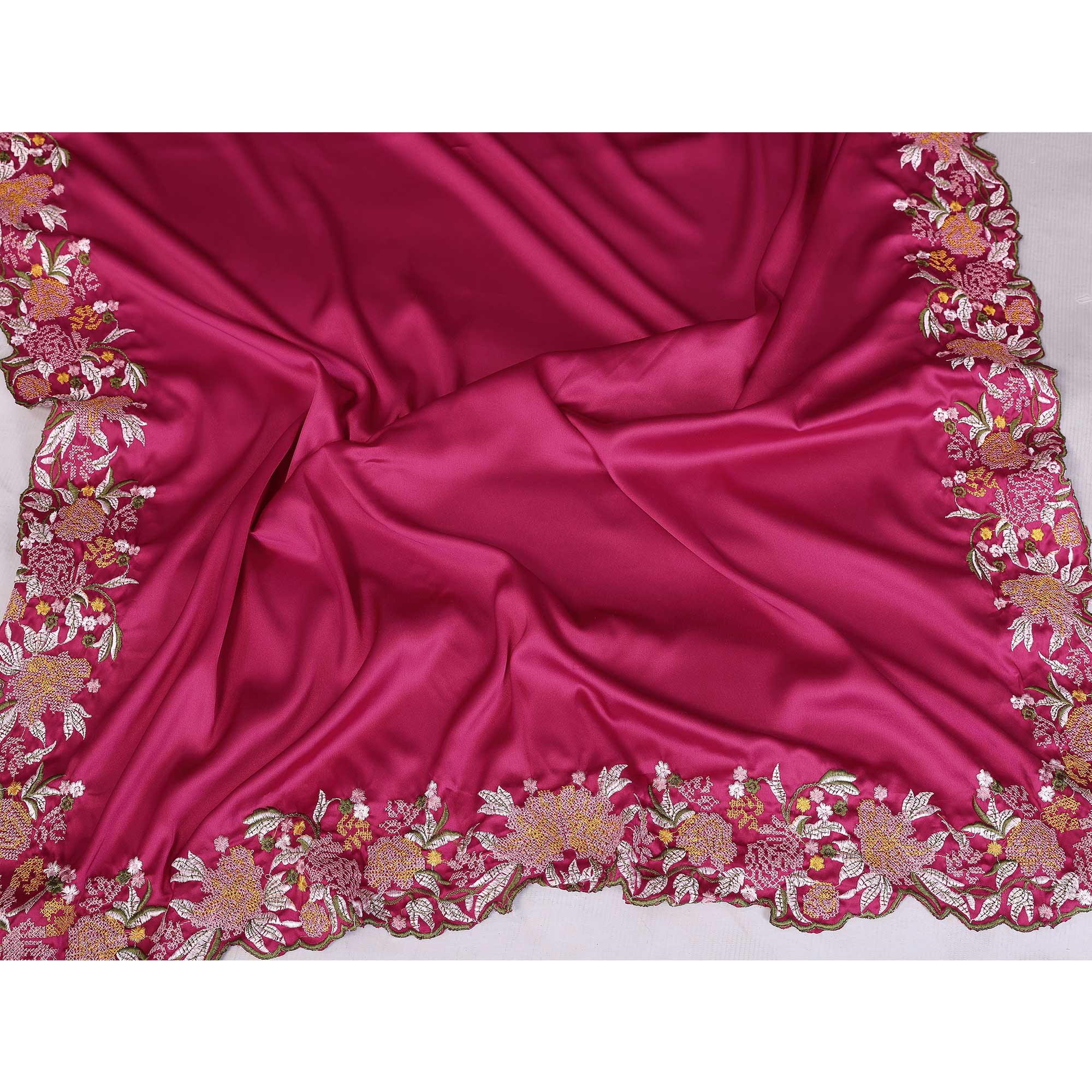 Rose Pink Satin Saree with Artistic Floral Embroidery and Soft Resham Detailing