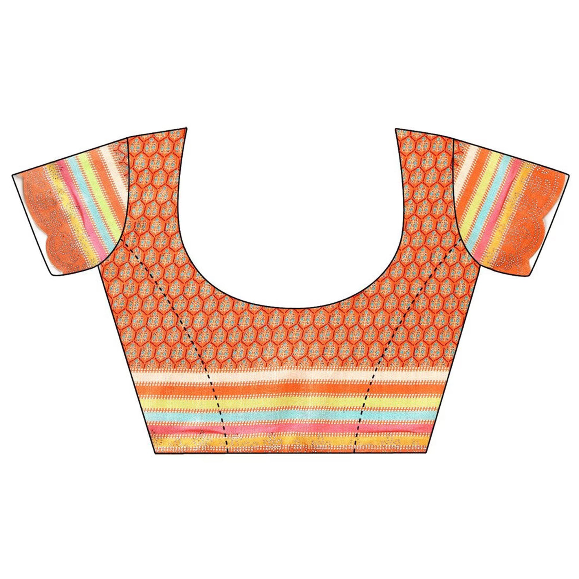 Orange Printed With Swarovski Work Chiffon Saree