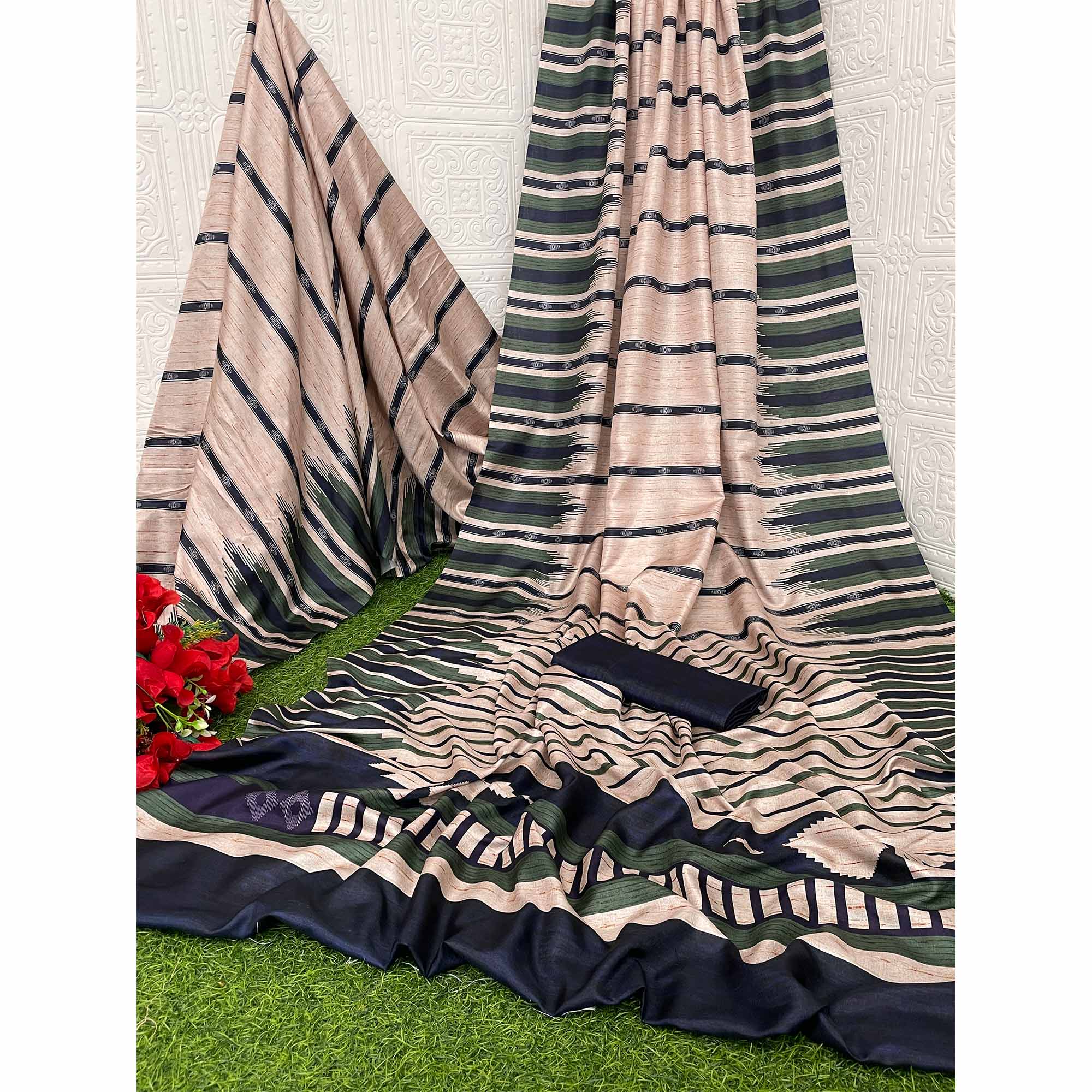 Beige Digital Printed Dola Silk Saree