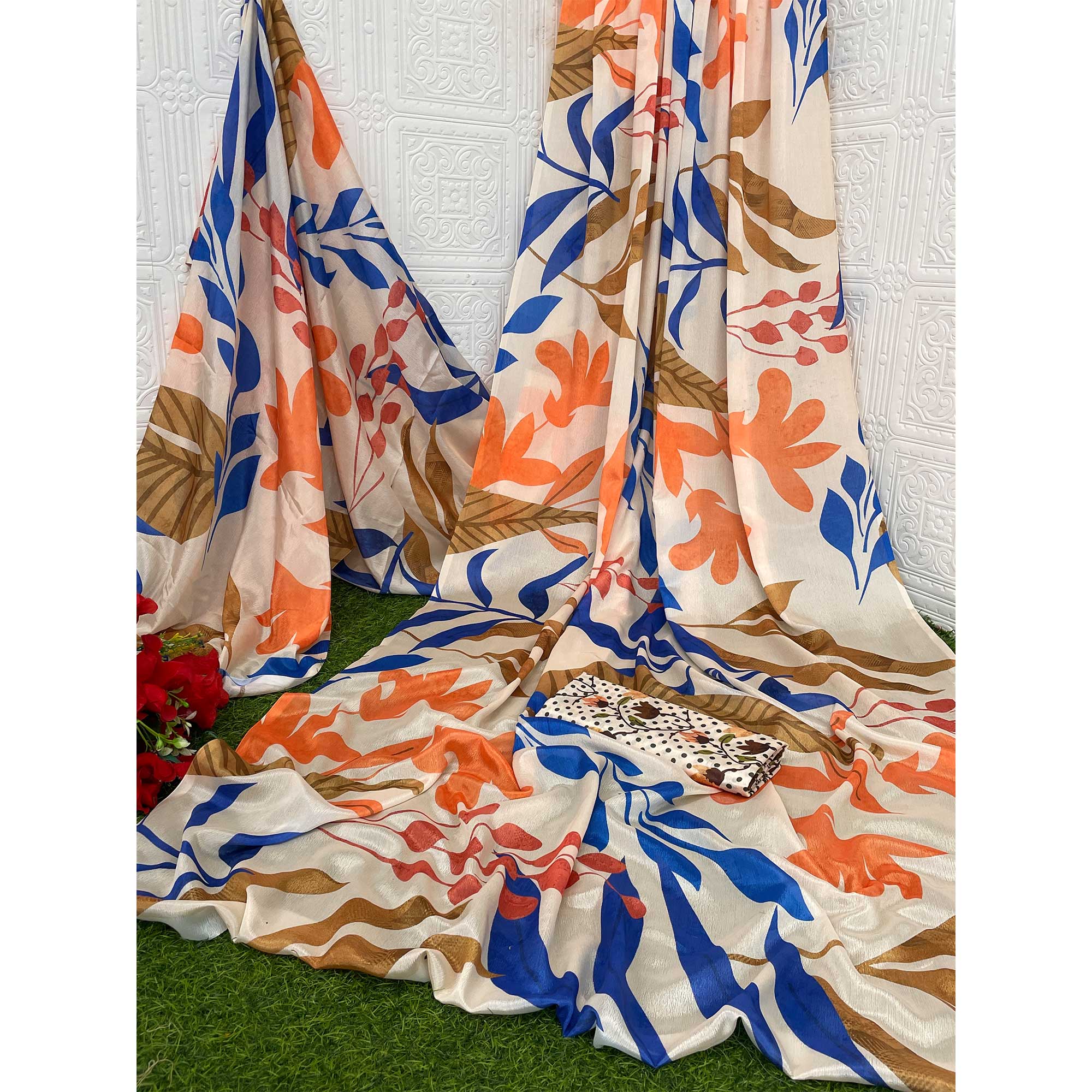 Off White Digital Printed Chinon Saree