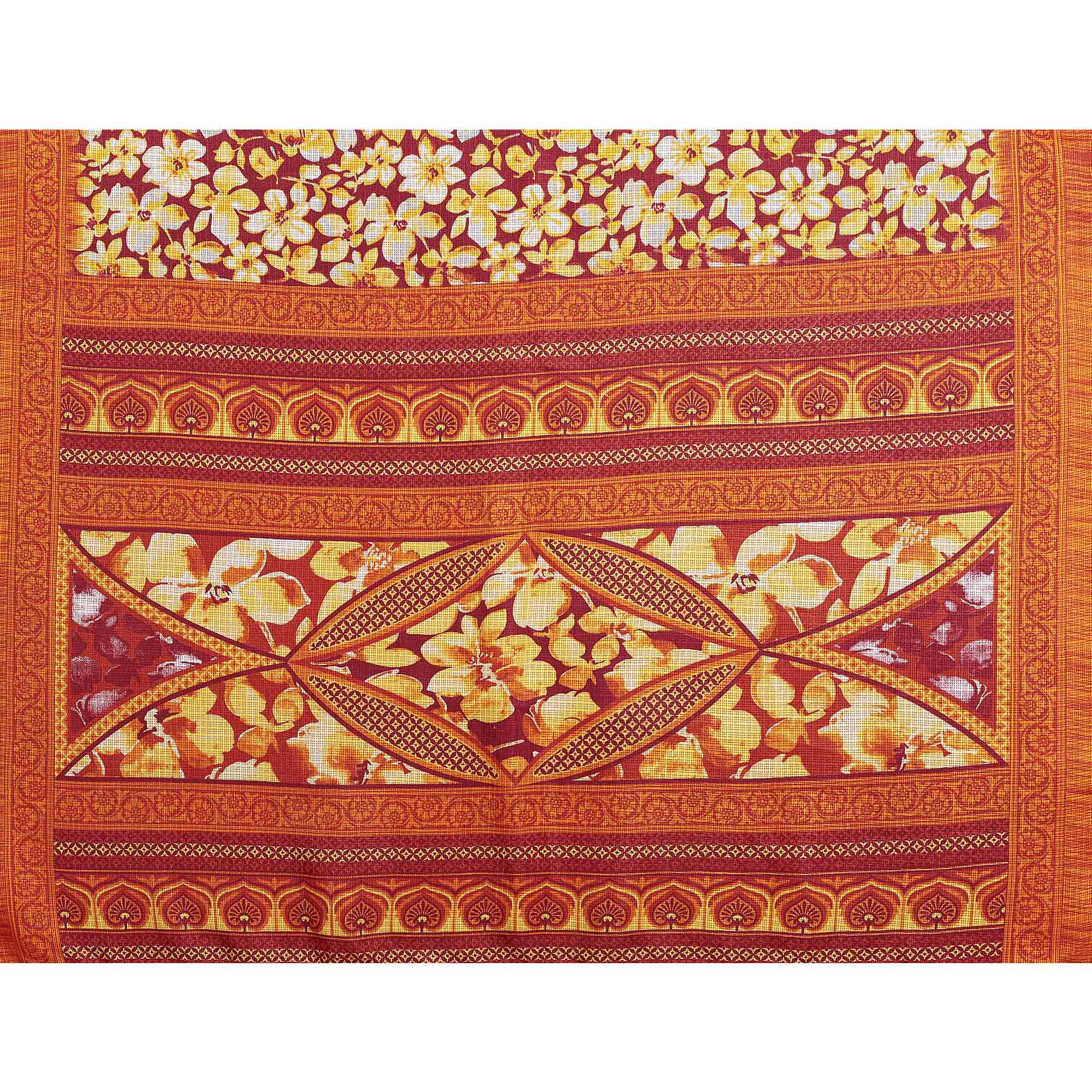 Orange Kota Doria Saree with Graceful Floral Print Work