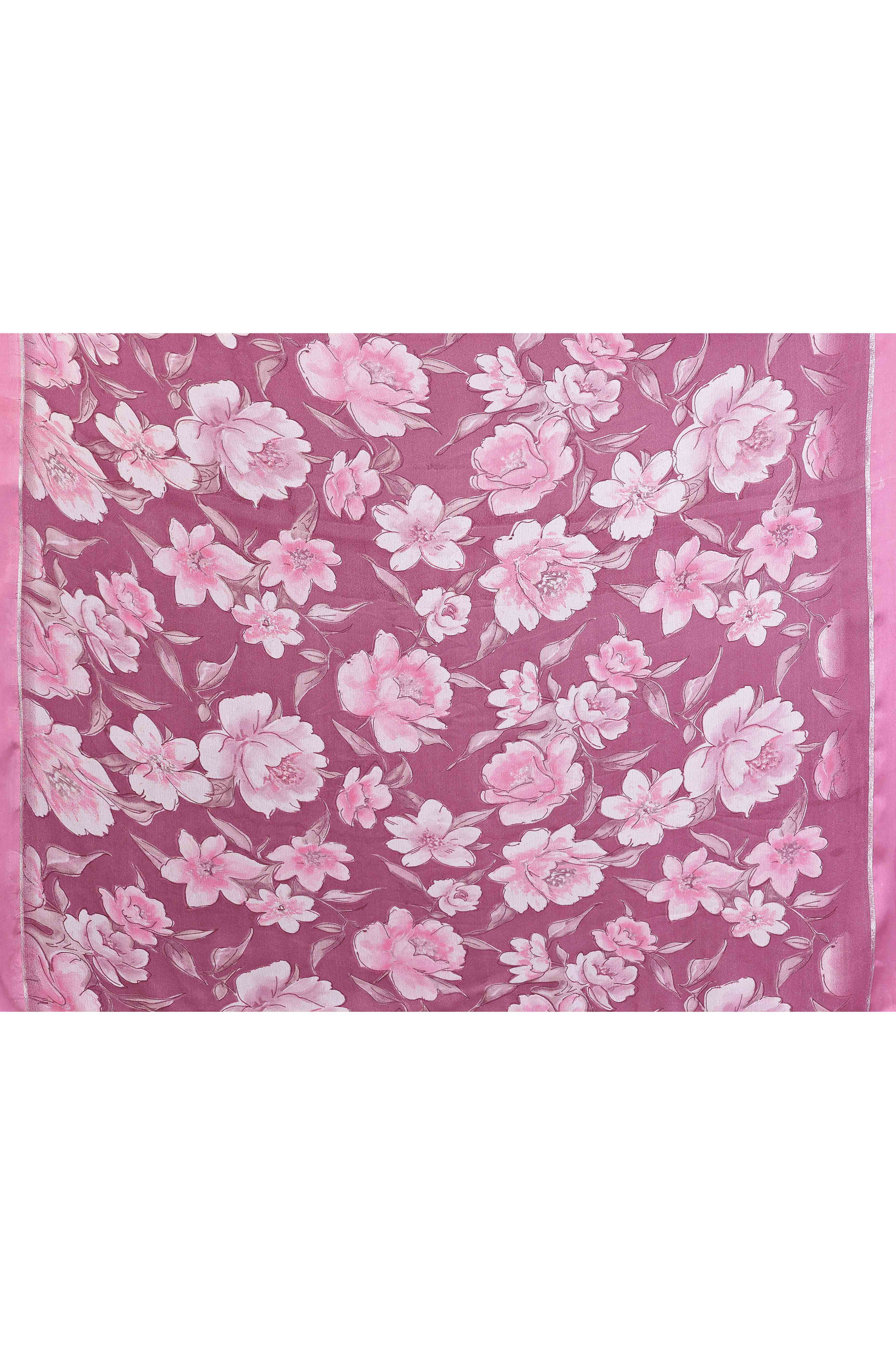 Pink Crepe Saree Accentuated With Satin Patta & Floral Print Detailing