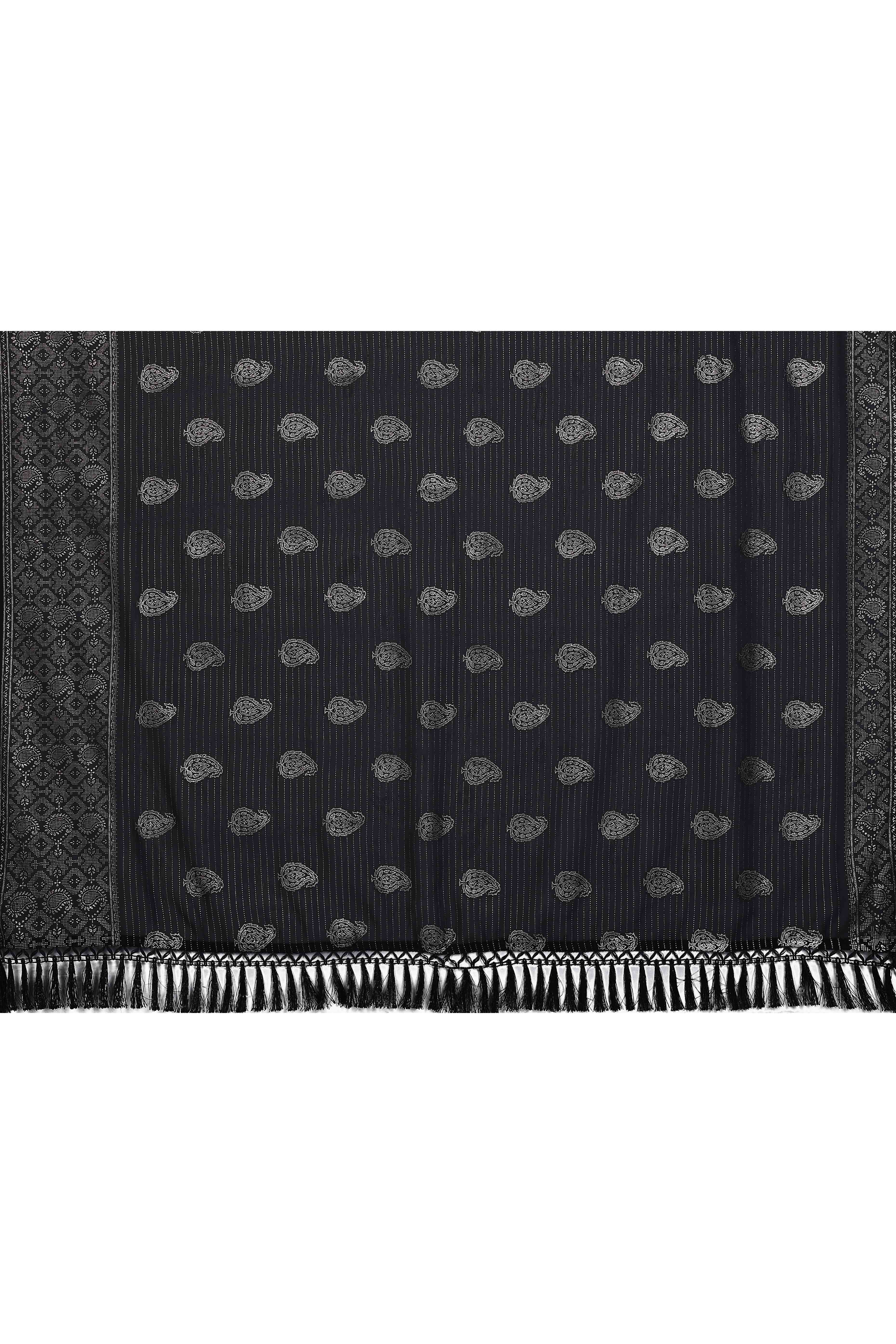 Black Foil Printed Georgette Saree Enhanced With Delicate Lace Border & Elegant Tassel