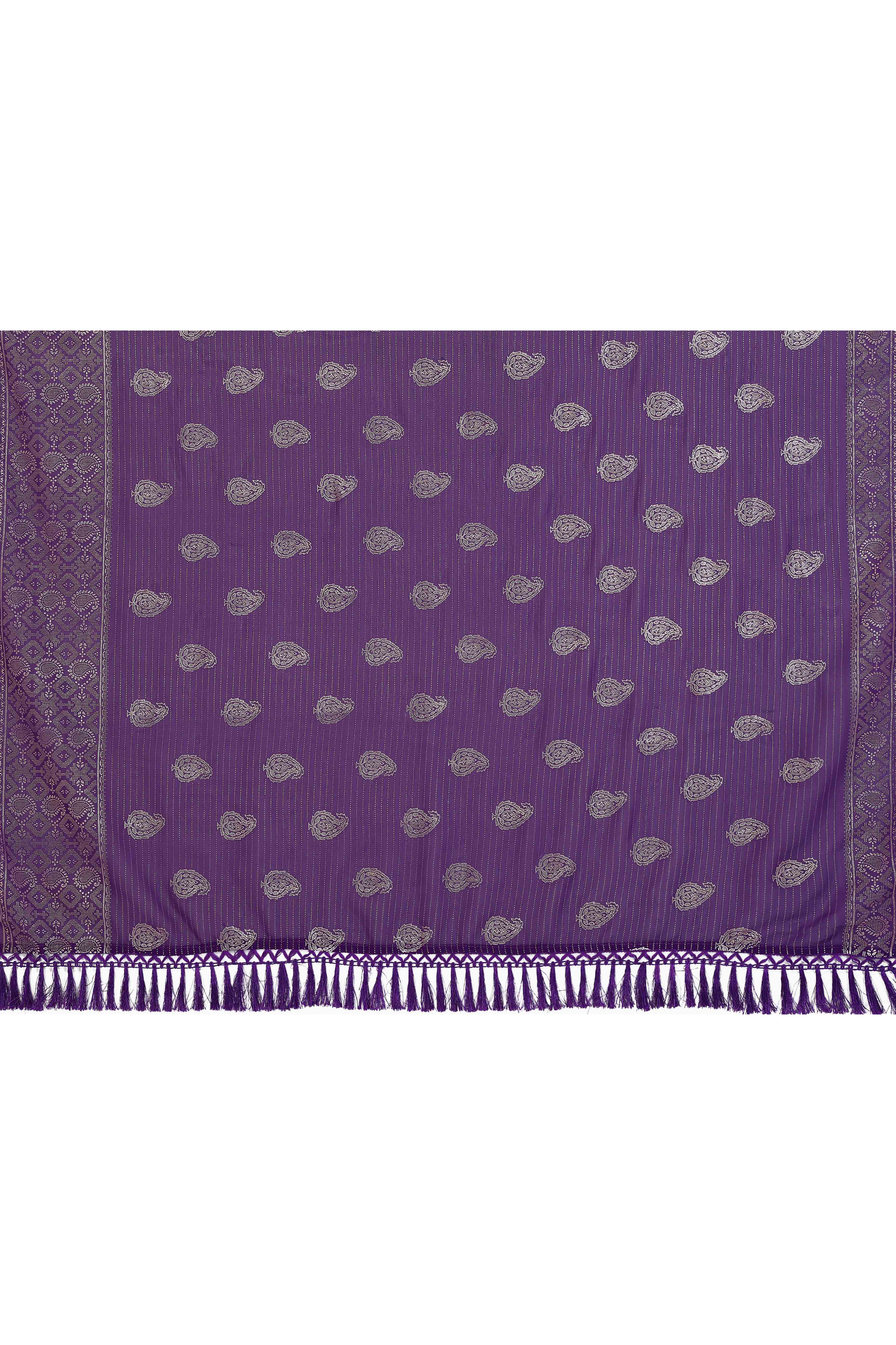 Purple Foil Printed Georgette Saree Enhanced With Delicate Lace Border & Elegant Tassel