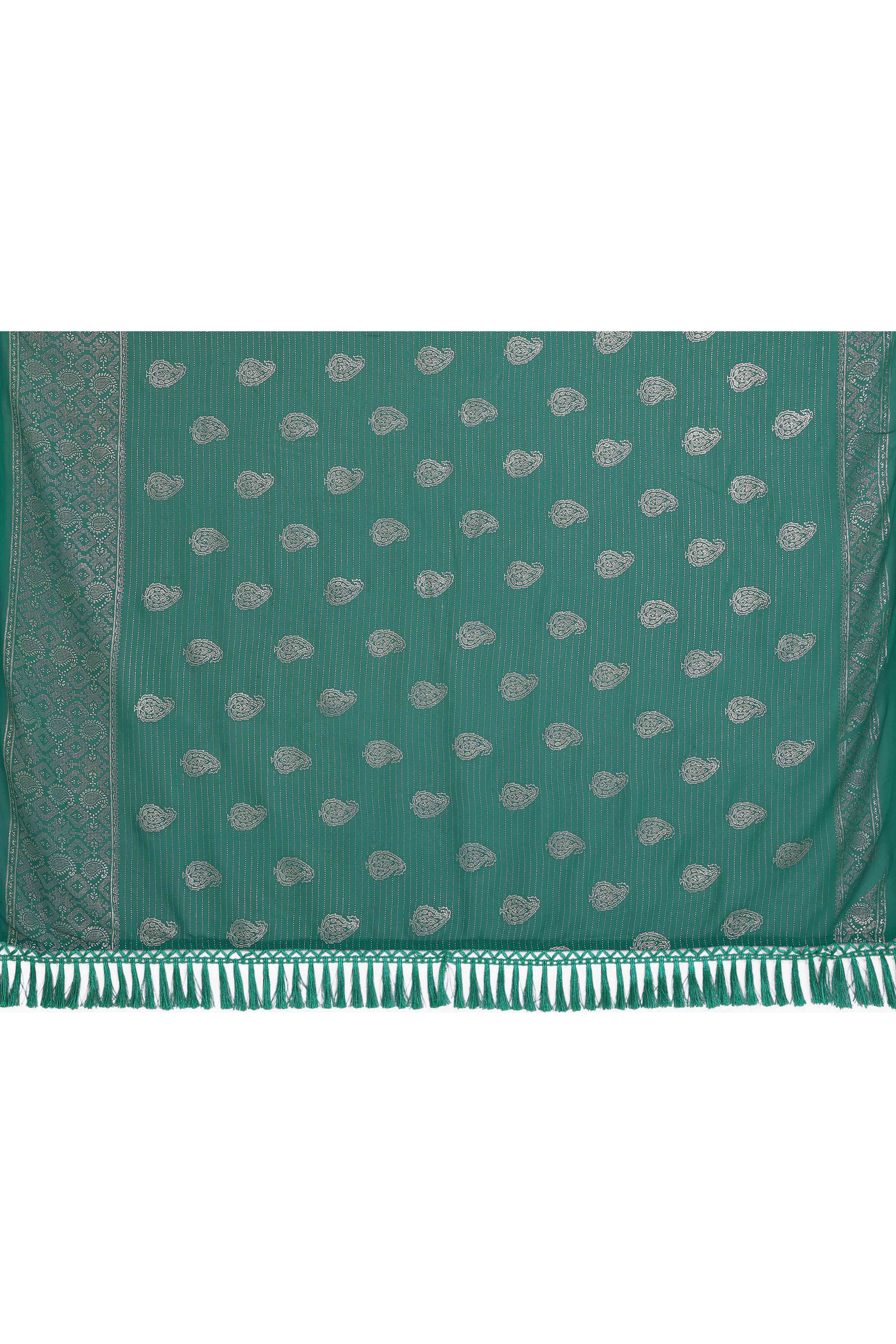 Rama Green Foil Printed Georgette Saree Enhanced With Delicate Lace Border & Elegant Tassel