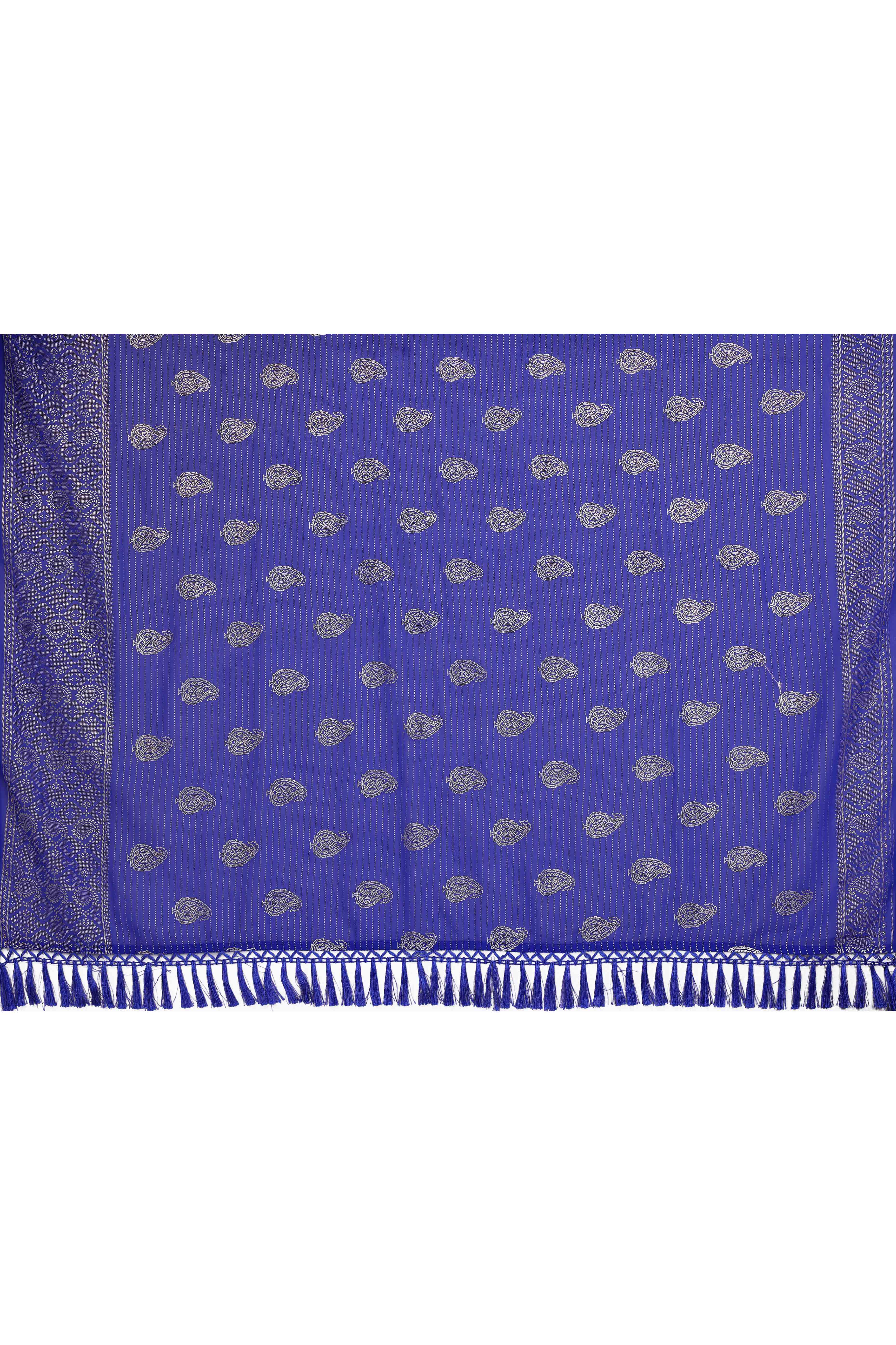 Royal Blue Foil Printed Georgette Saree Enhanced With Delicate Lace Border & Elegant Tassel