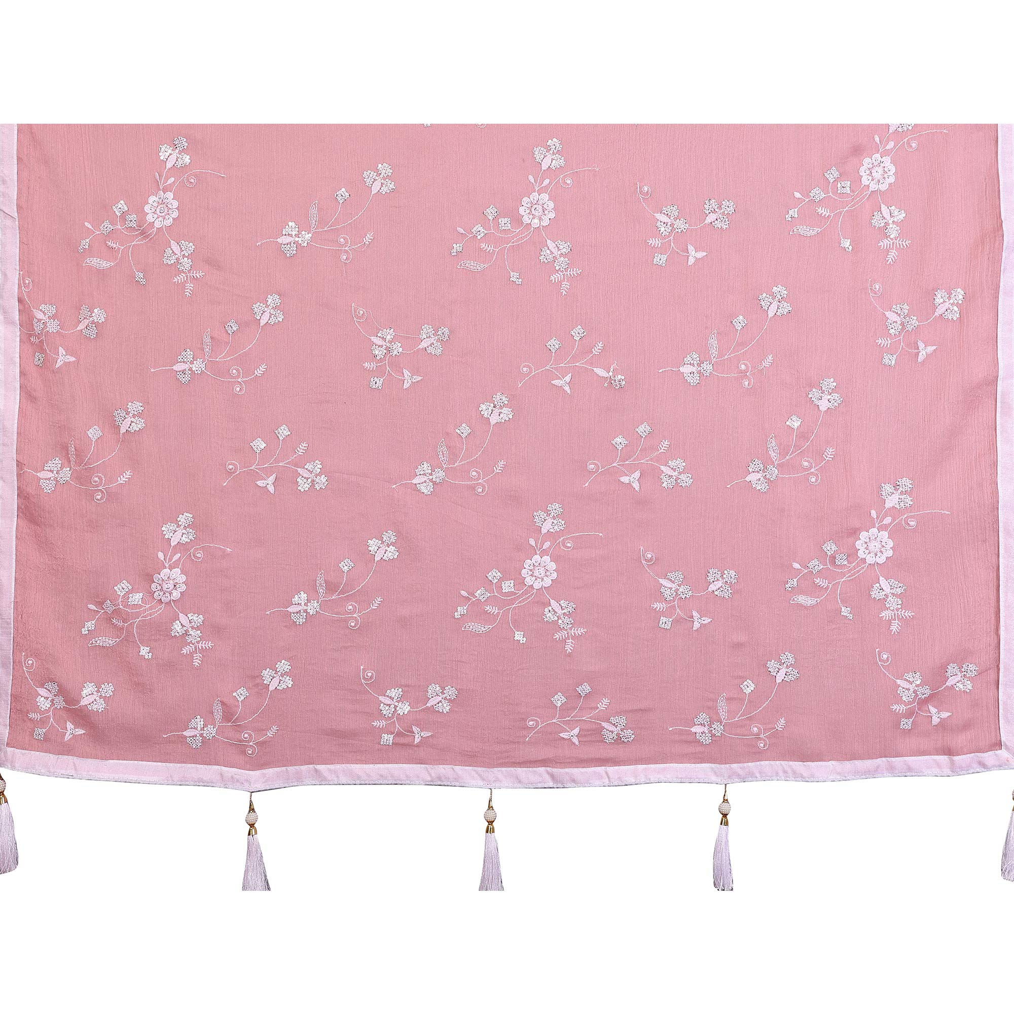 Pink Bloom Saree adorned with Moss Floral Embroidery and Delicate Lace Border