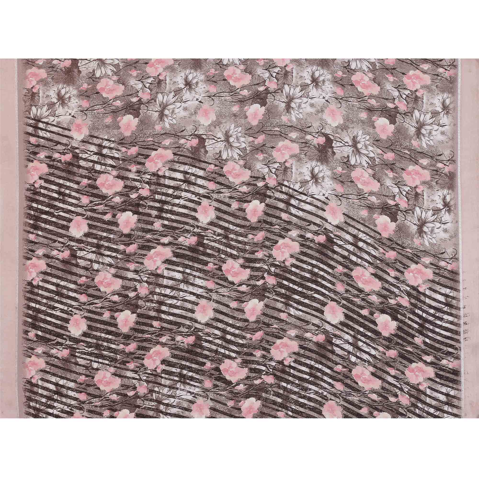 Brown Floral Printed Blue Crepe Saree Styled With A Smooth Satin Patta Border