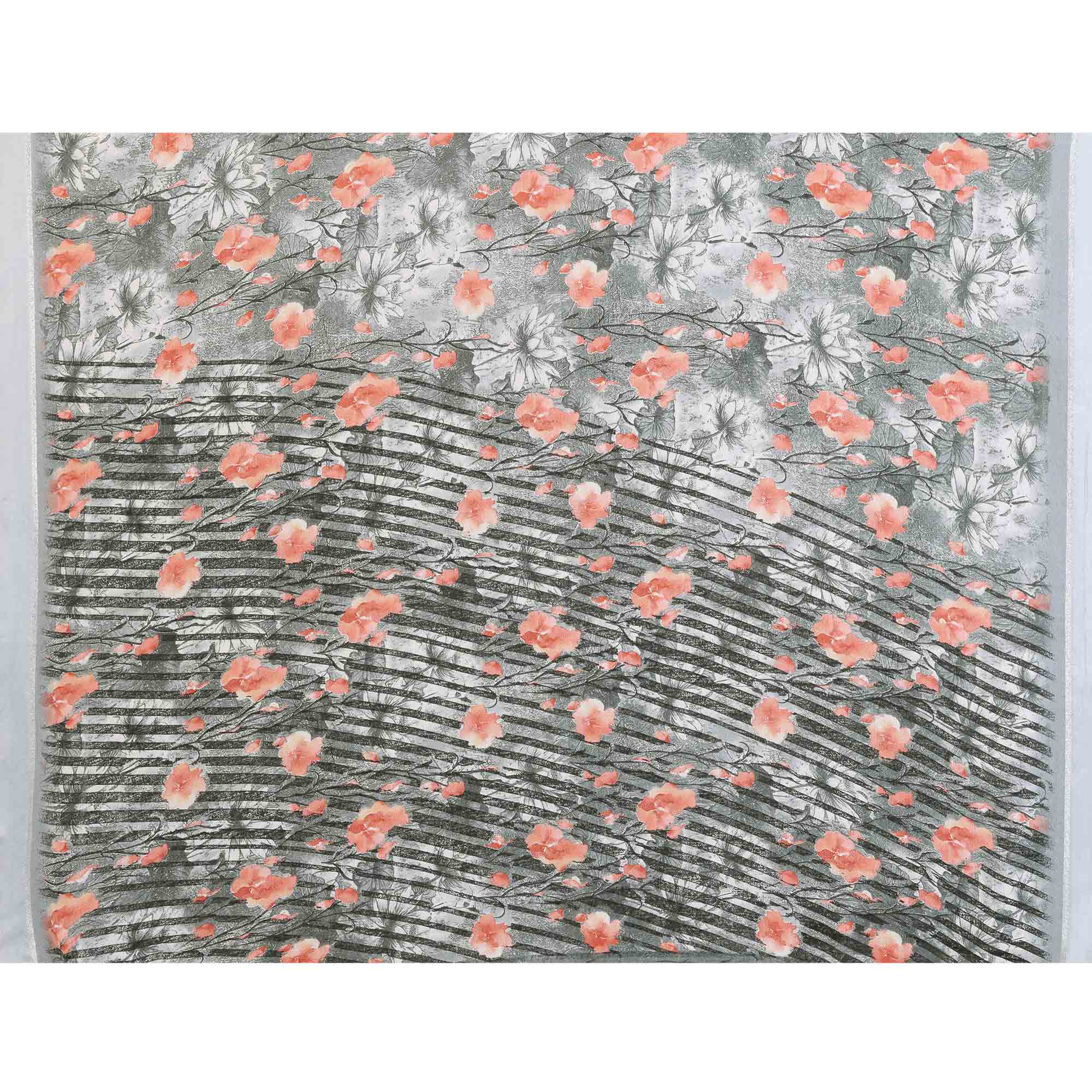 Light Green Floral Printed Blue Crepe Saree Styled With A Smooth Satin Patta Border