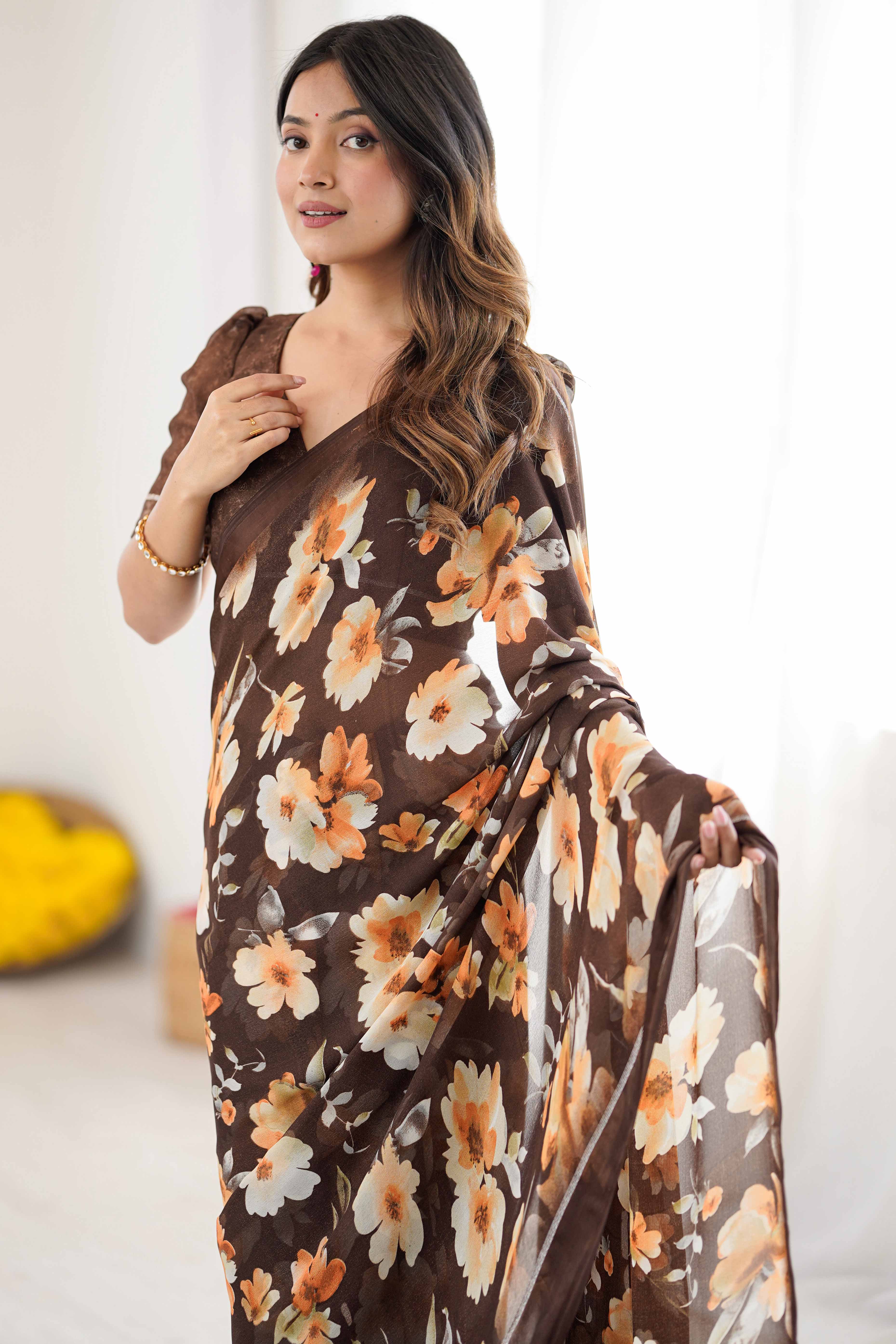 Brown Floral Printed Moss Silk Blend Saree Adorned With Playful Tassel Pallu