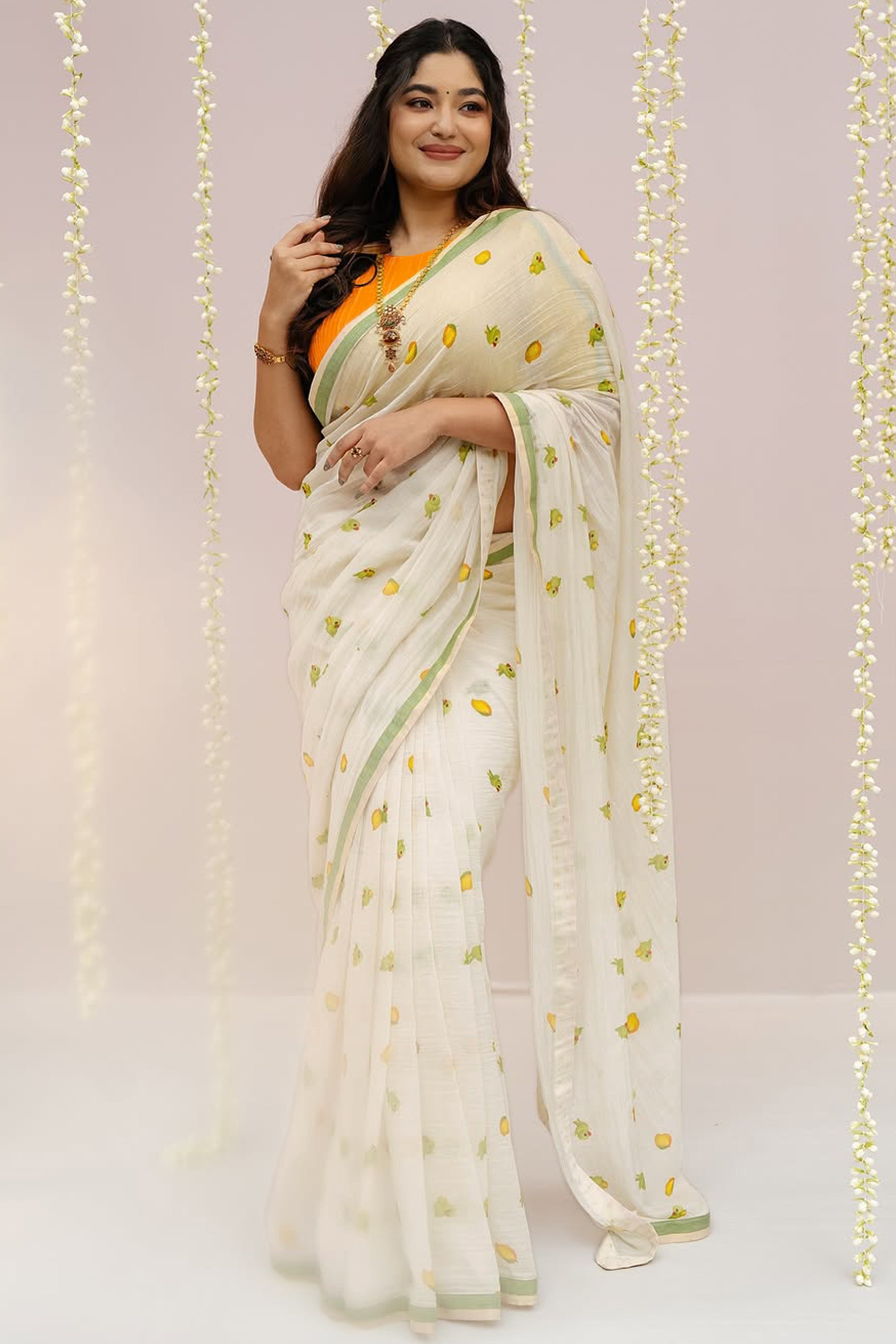 Minimalist Off White Linen Cotton Saree with Elegant Printed Patterns