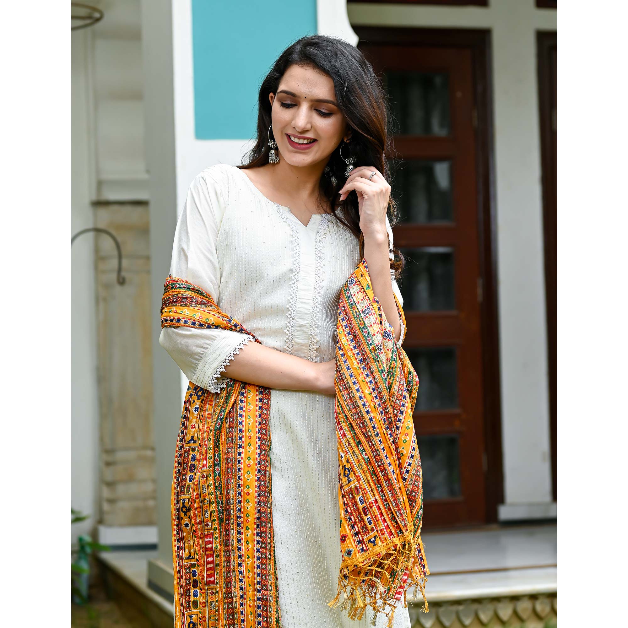 Off white Sequins Embroidered Chanderi Dress Material