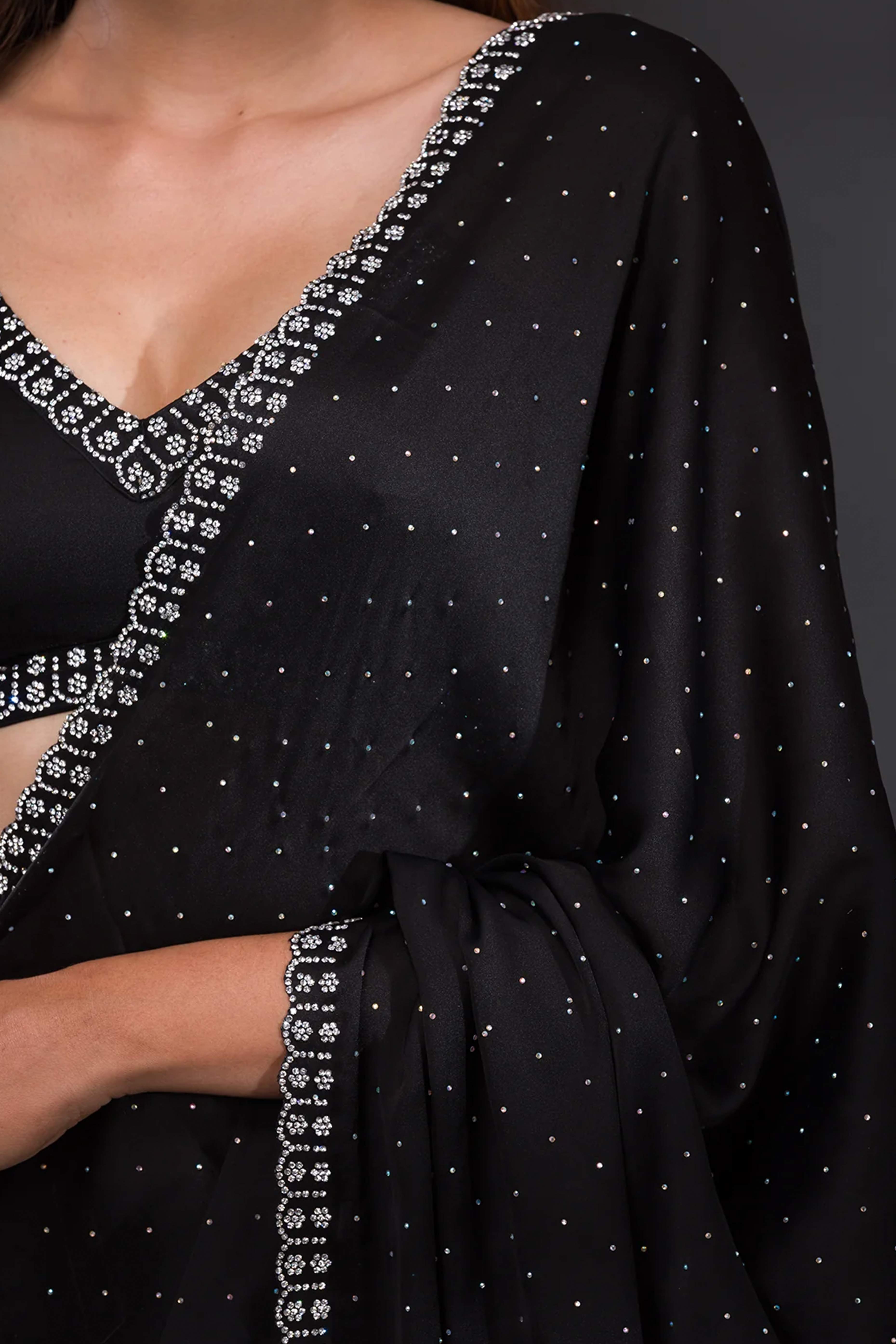 Black Swarovski Work Embroidered Chiffon Saree