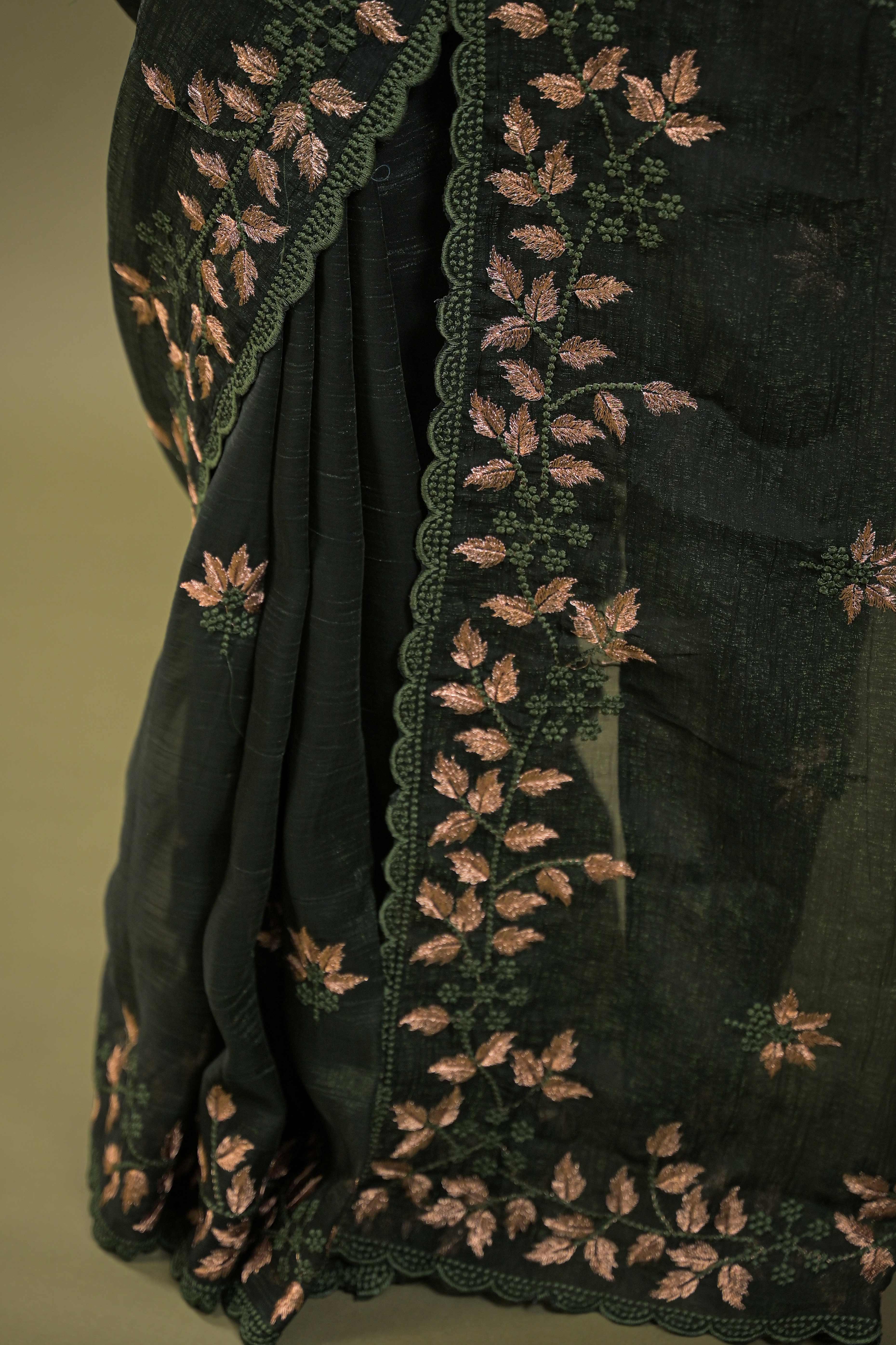 Mehendi Green Sheer Organza Saree Adorned with Floral Embroidery