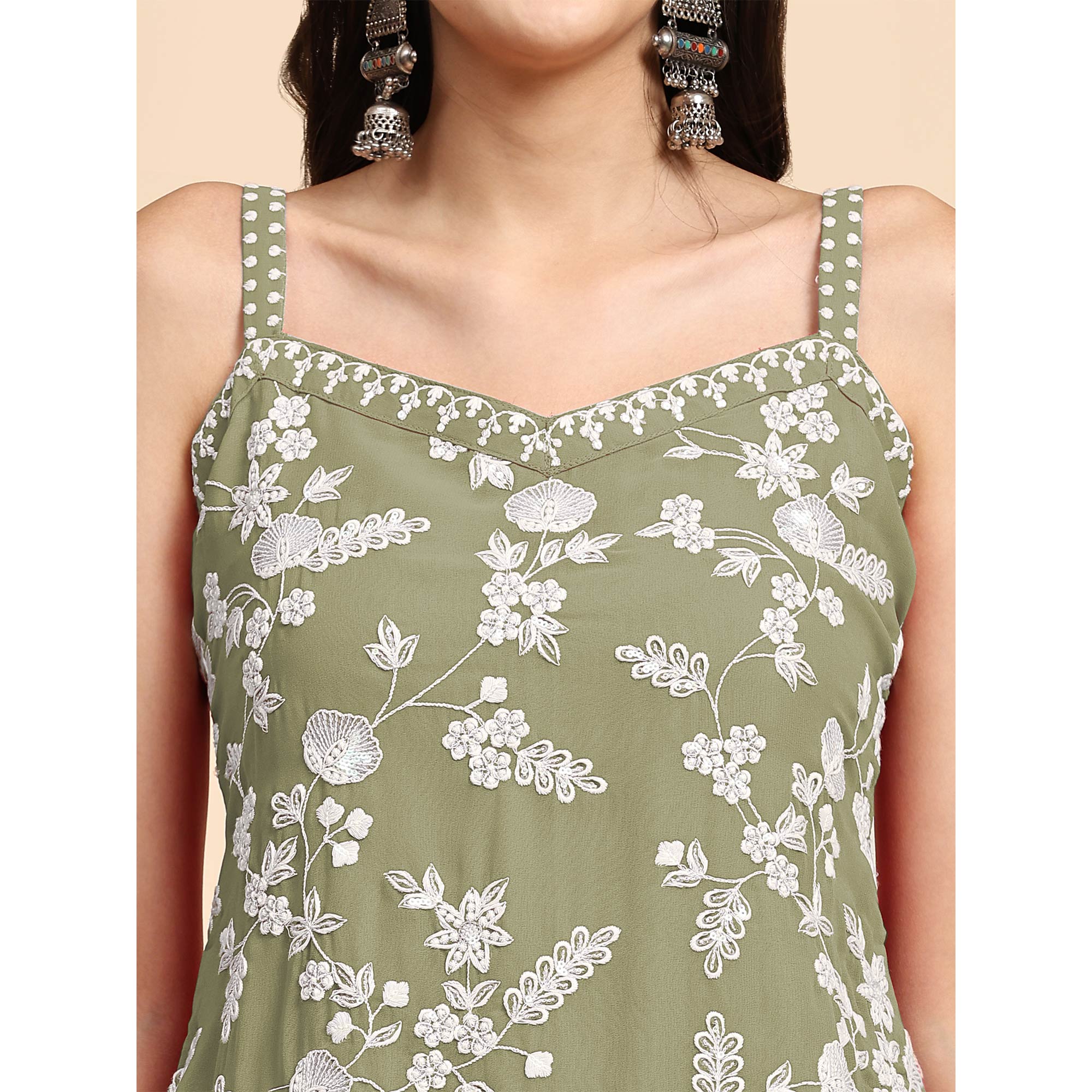 Green Floral Sequins Embroidered Georgette Semi Stitched Suit