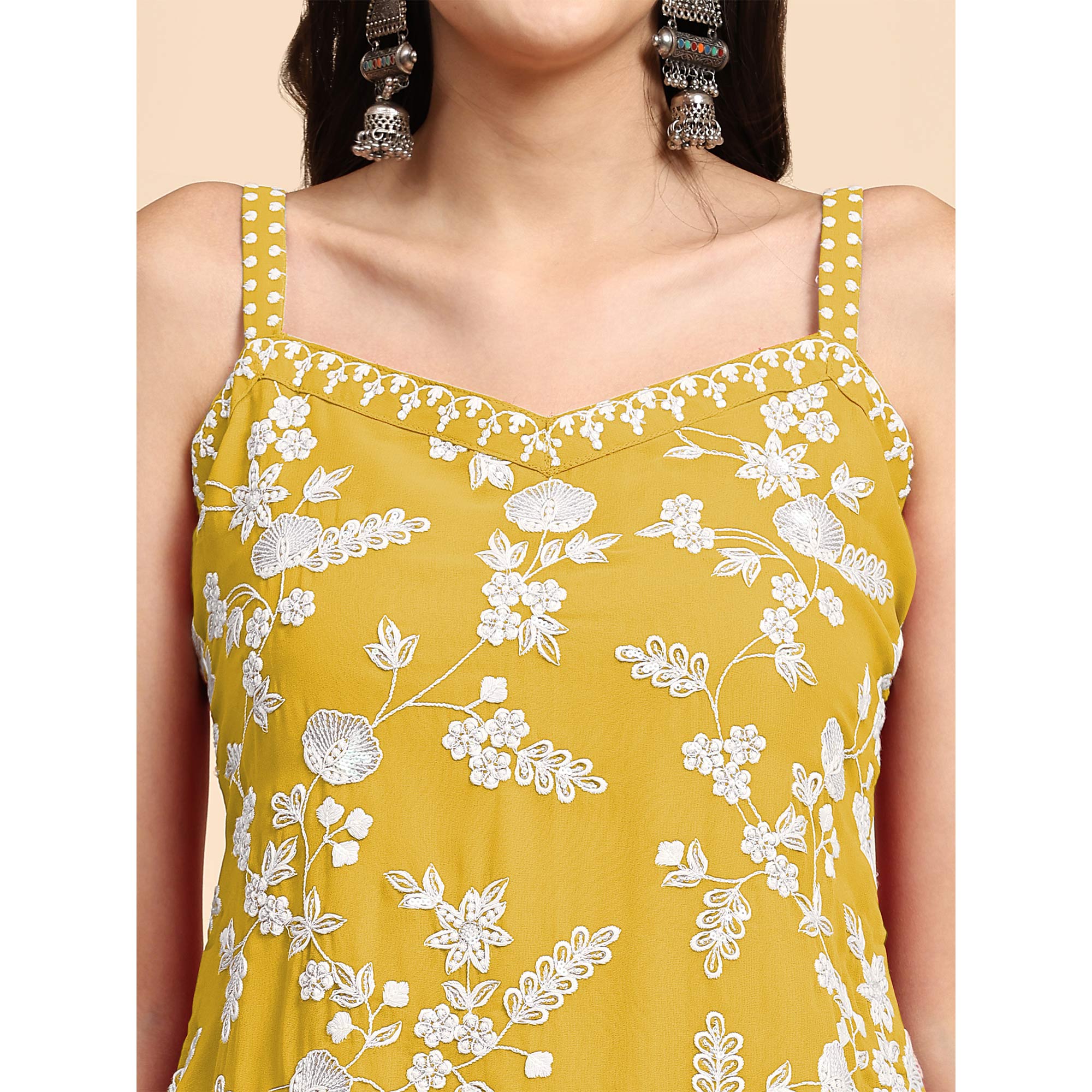 Yellow Floral Sequins Embroidered Georgette Semi Stitched Suit