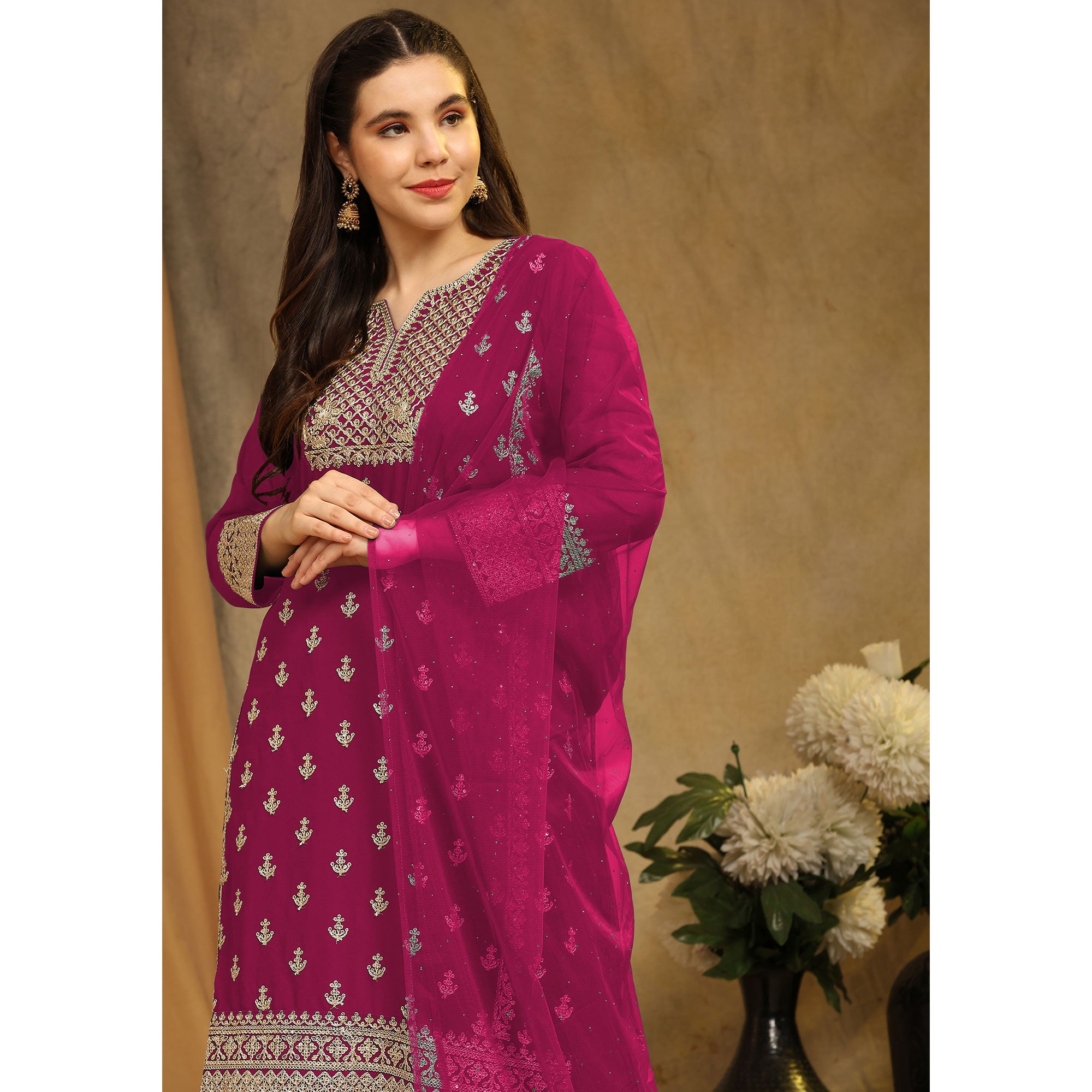 Pink Floral Embroidered Georgette Semi Stitched Suit