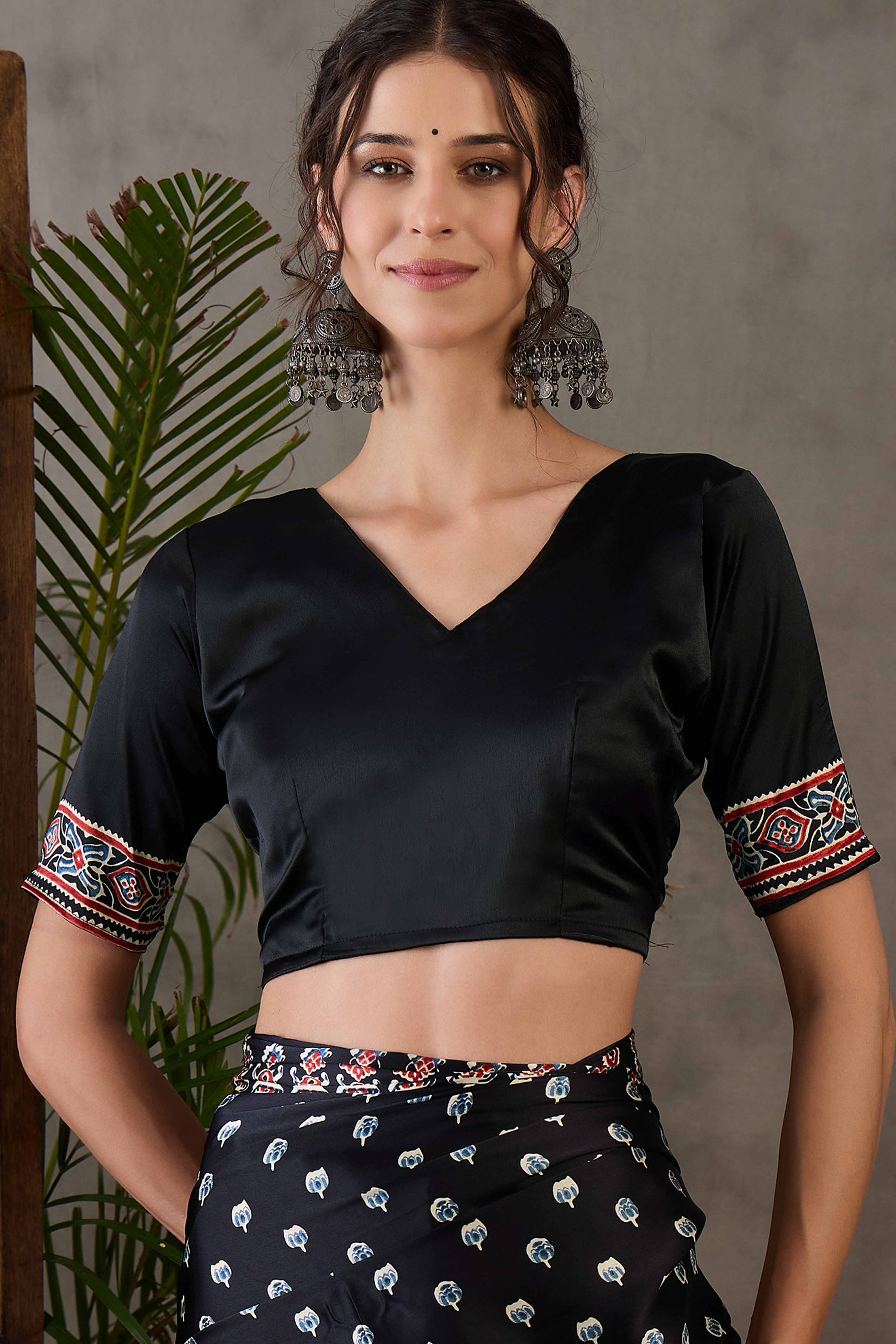 Black Ajrakh Inspired Printed Modal Satin Saree for Party Occasions