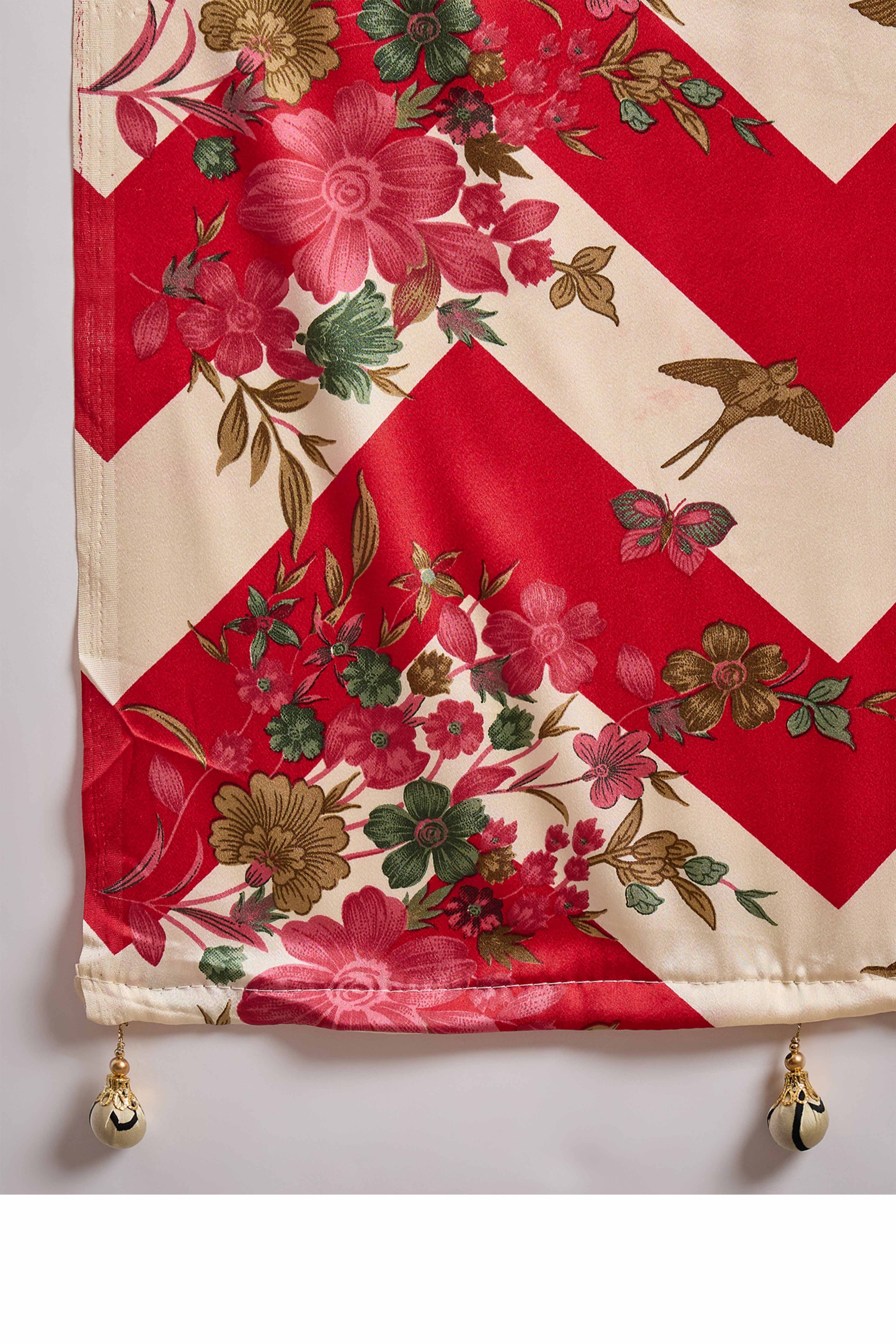 Red Floral Printed Modal Satin Party Wear Saree with a Smooth Satin Finish