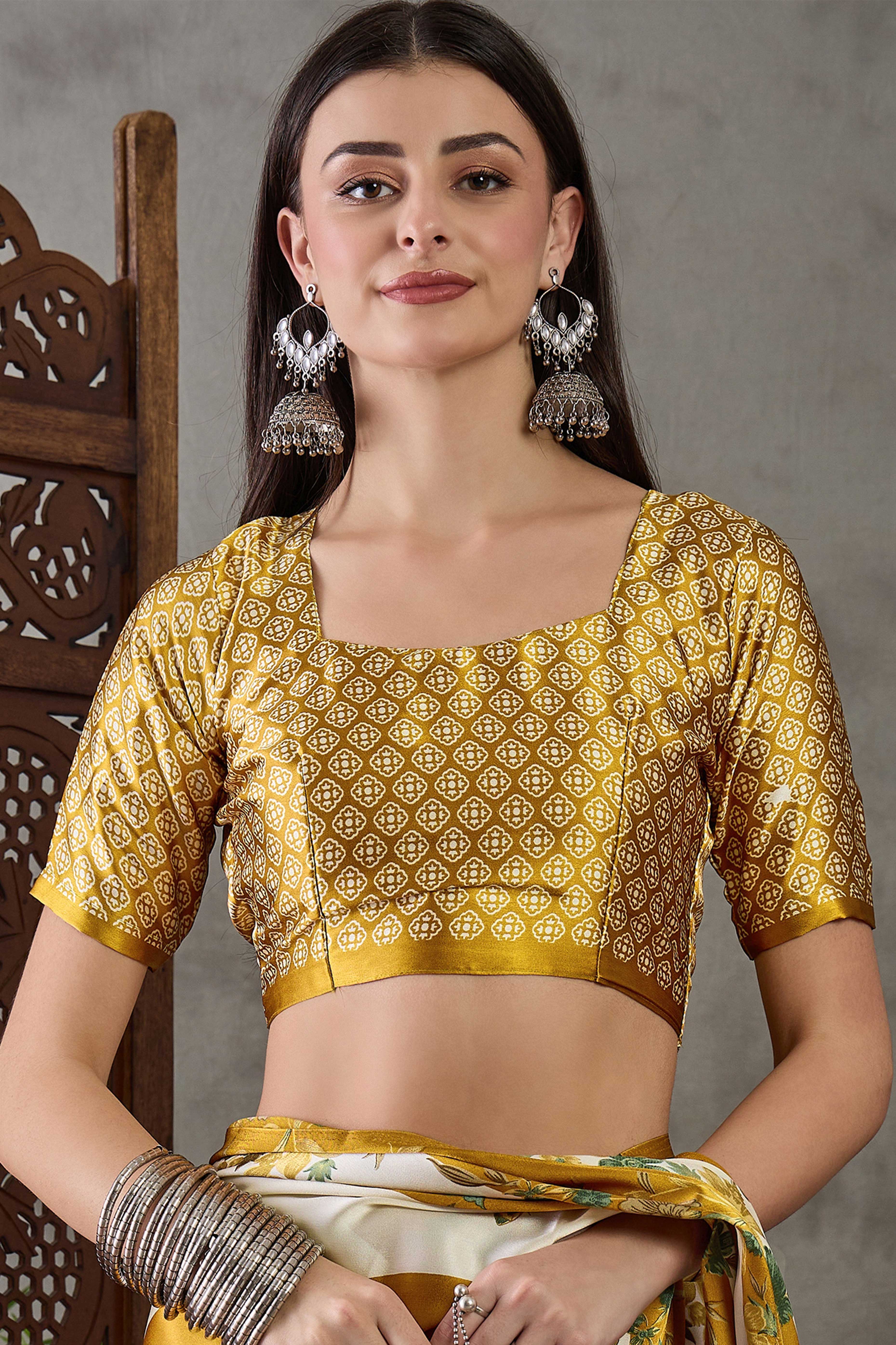 Olive Floral Printed Modal Satin Party Wear Saree with a Smooth Satin Finish