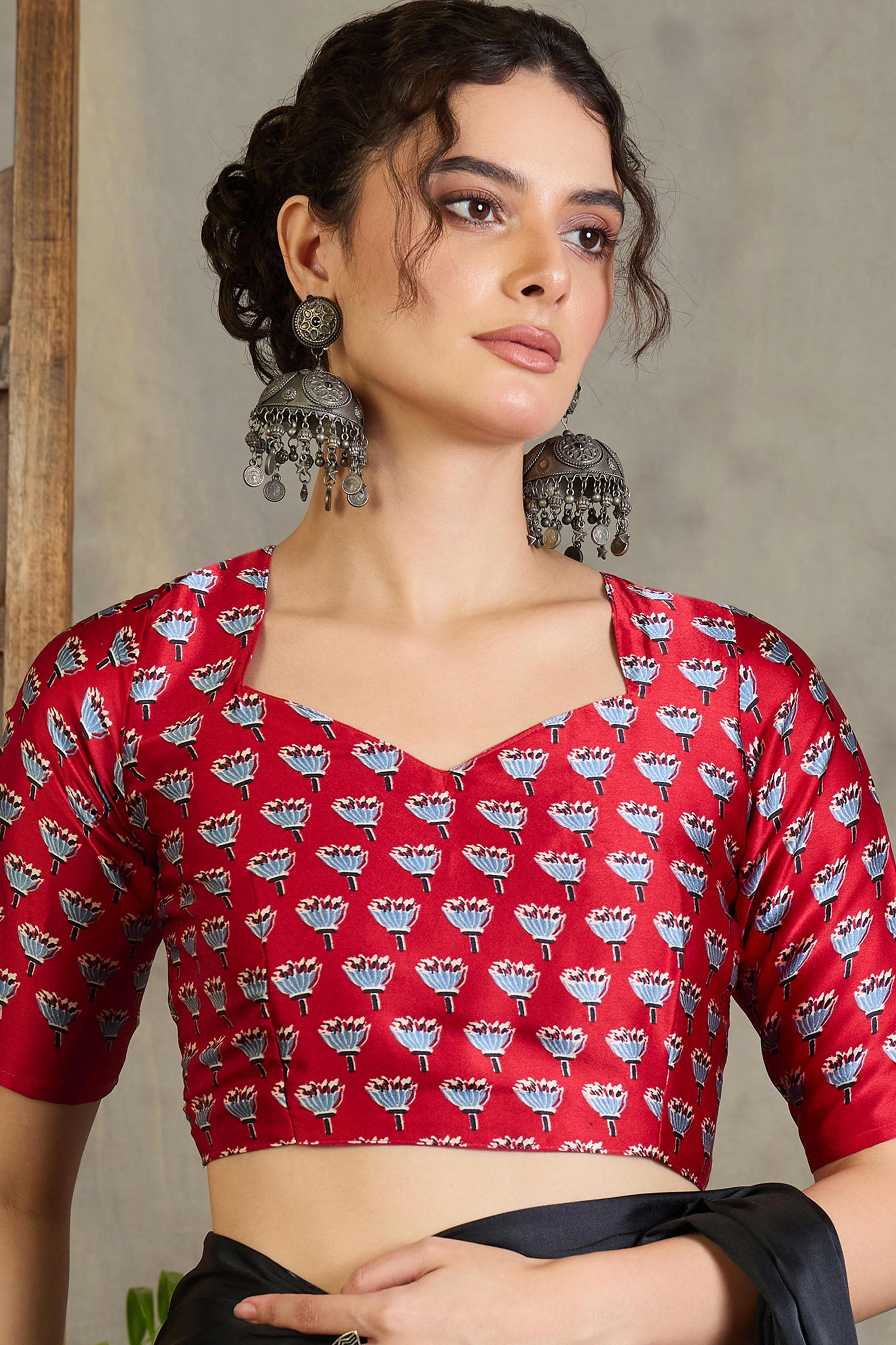 Red Solid Modal Satin Saree Highlighted with Classic Ajrakh Pallu Design