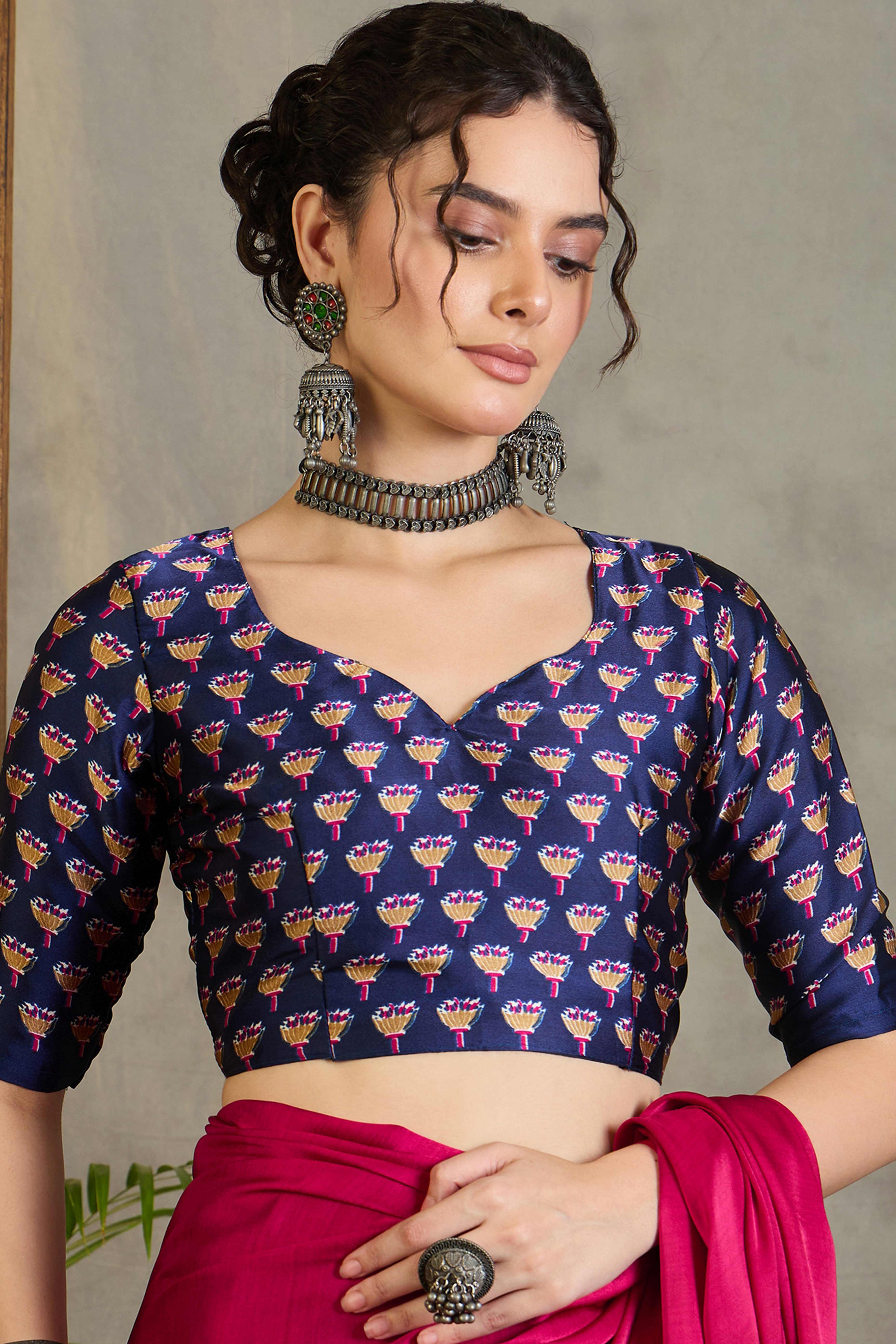 Blue Solid Modal Satin Saree Highlighted with Classic Ajrakh Pallu Design