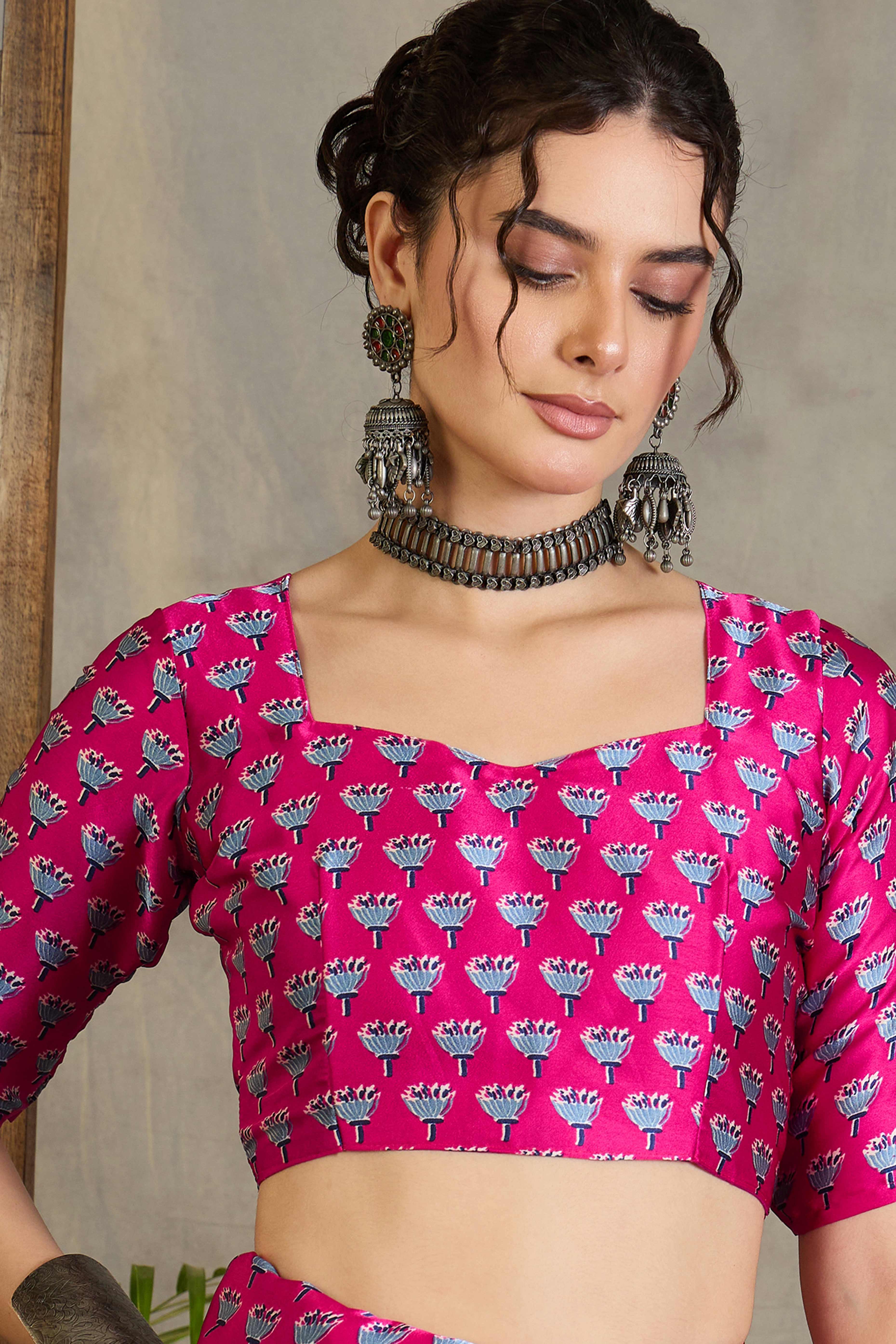 Pink Solid Modal Satin Saree Highlighted with Classic Ajrakh Pallu Design