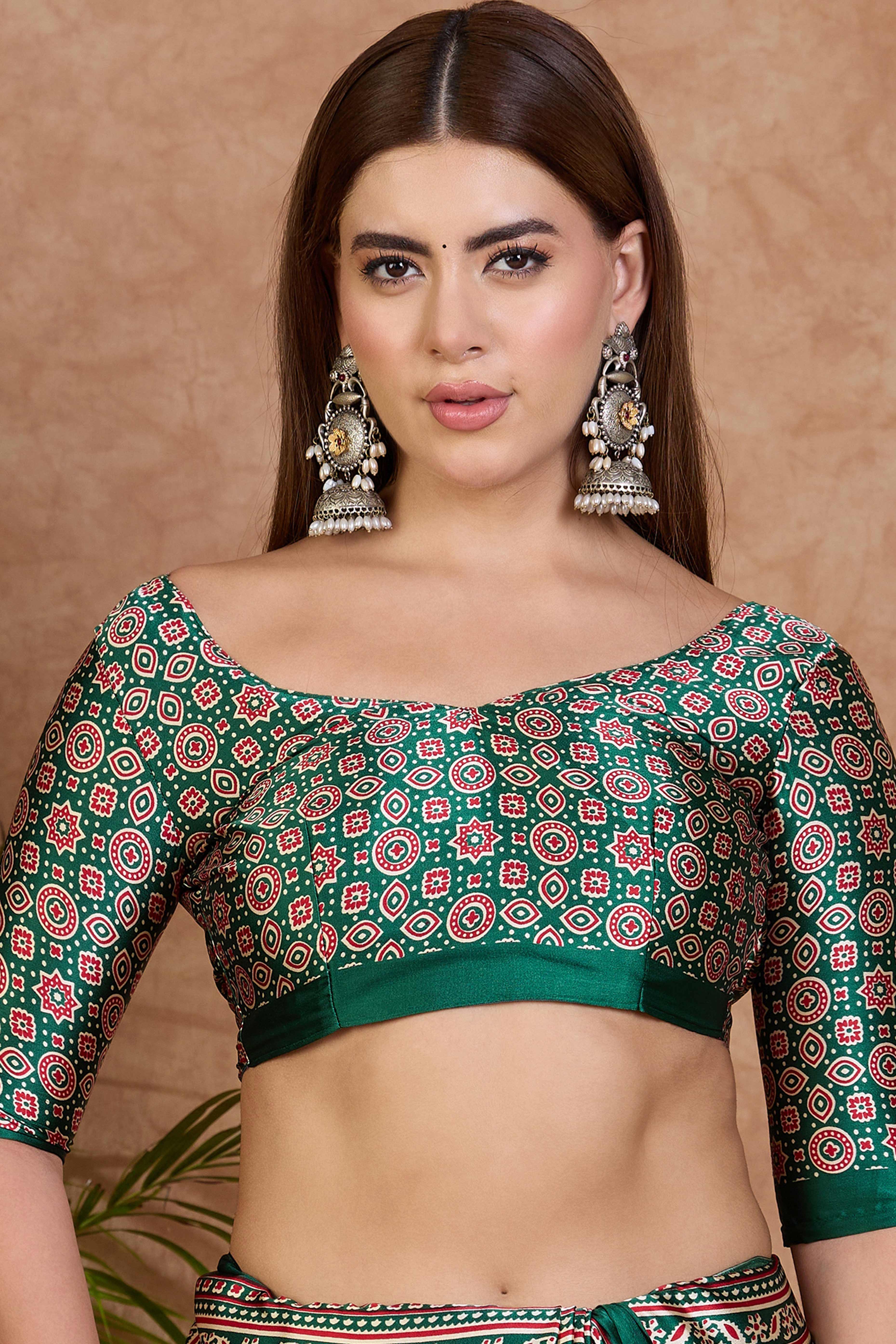 Cream & Green Modal Satin Saree Featuring a Solid Base and Artisanal Ajrakh Pallu