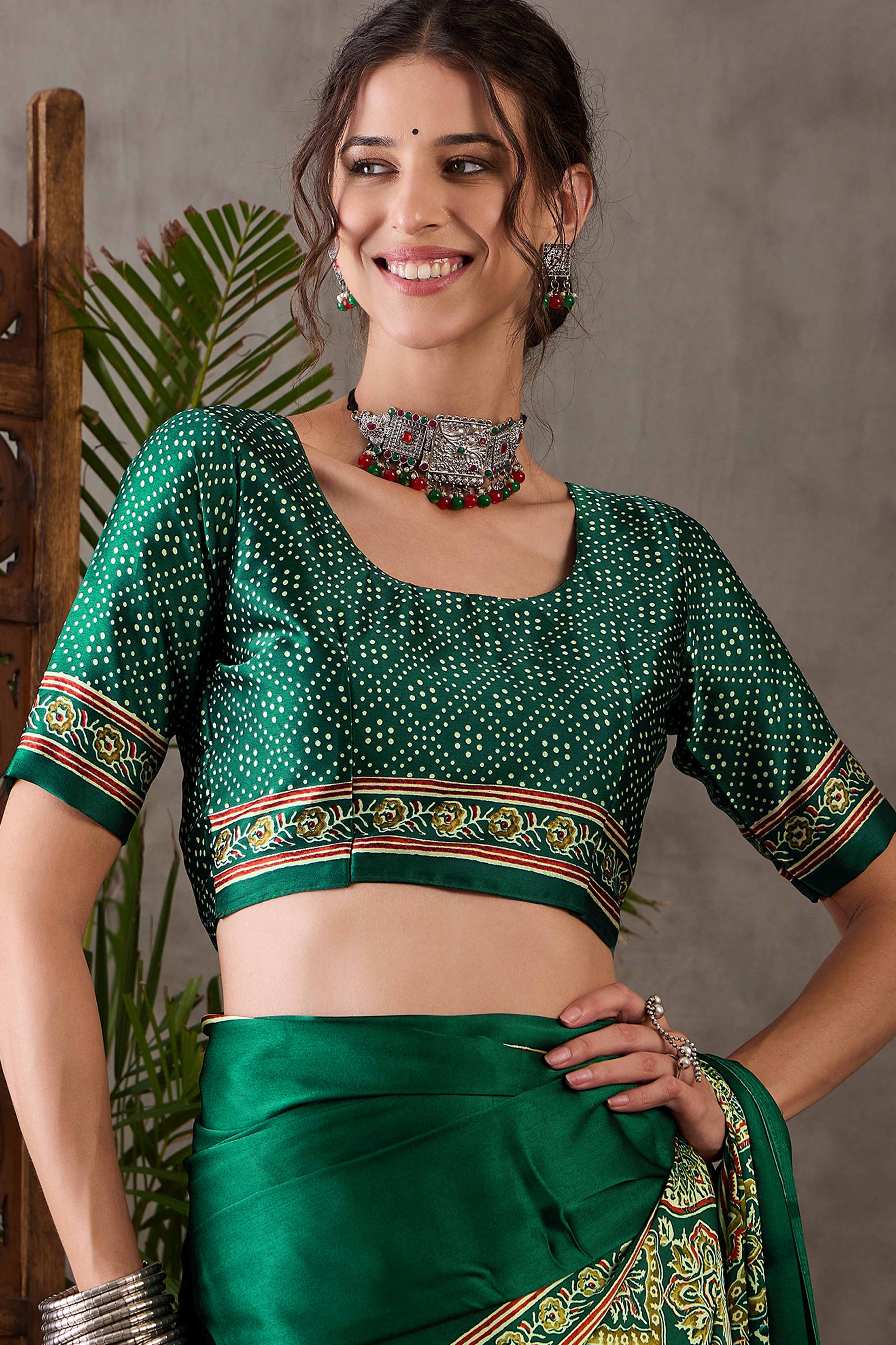 Green Ajrakh Printed Modal Satin Saree with Rich Party Wear Look